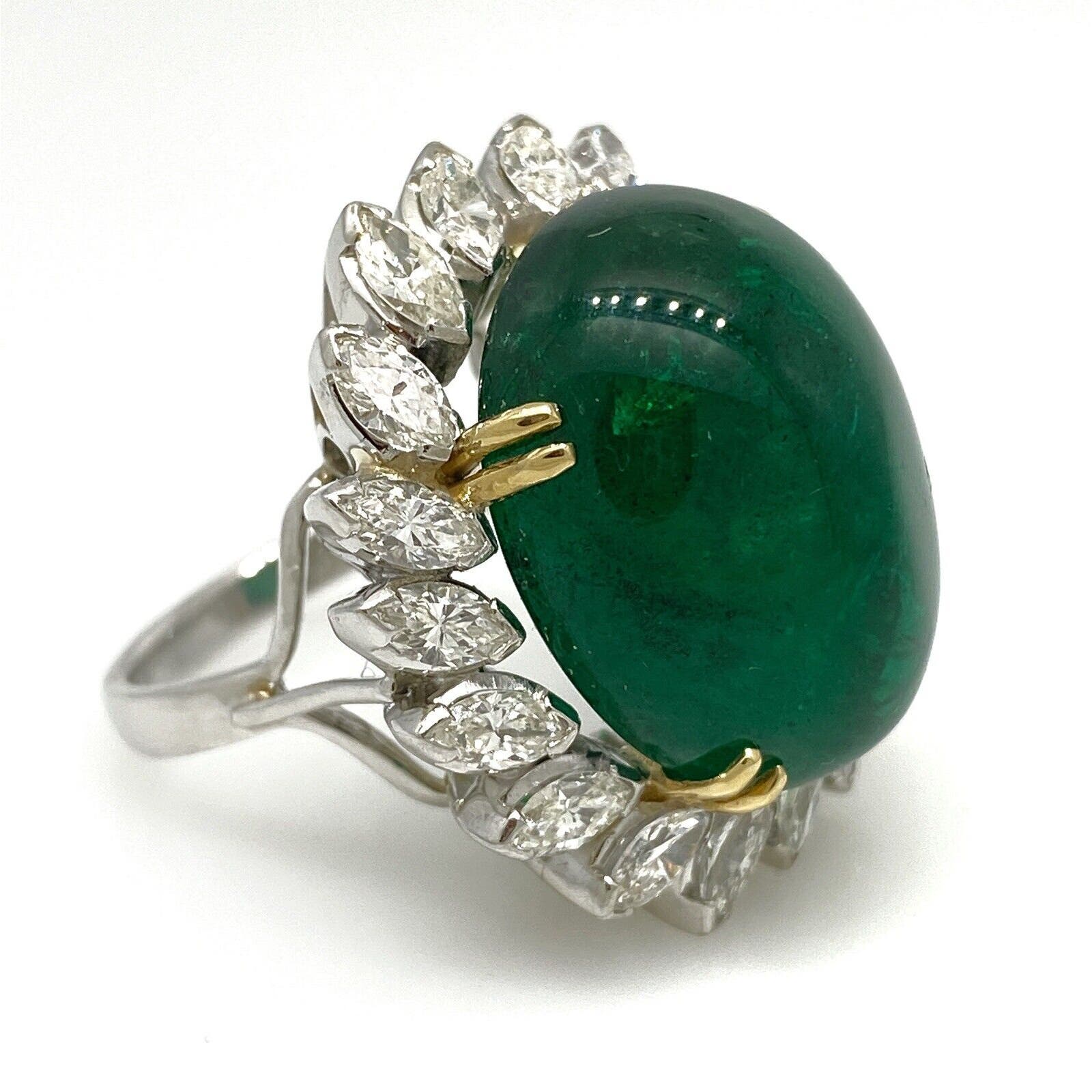 GIA 29.20 ct Natural Cabochon Emerald Ring w/ Marquise Diamonds in Plat-HM2363A4