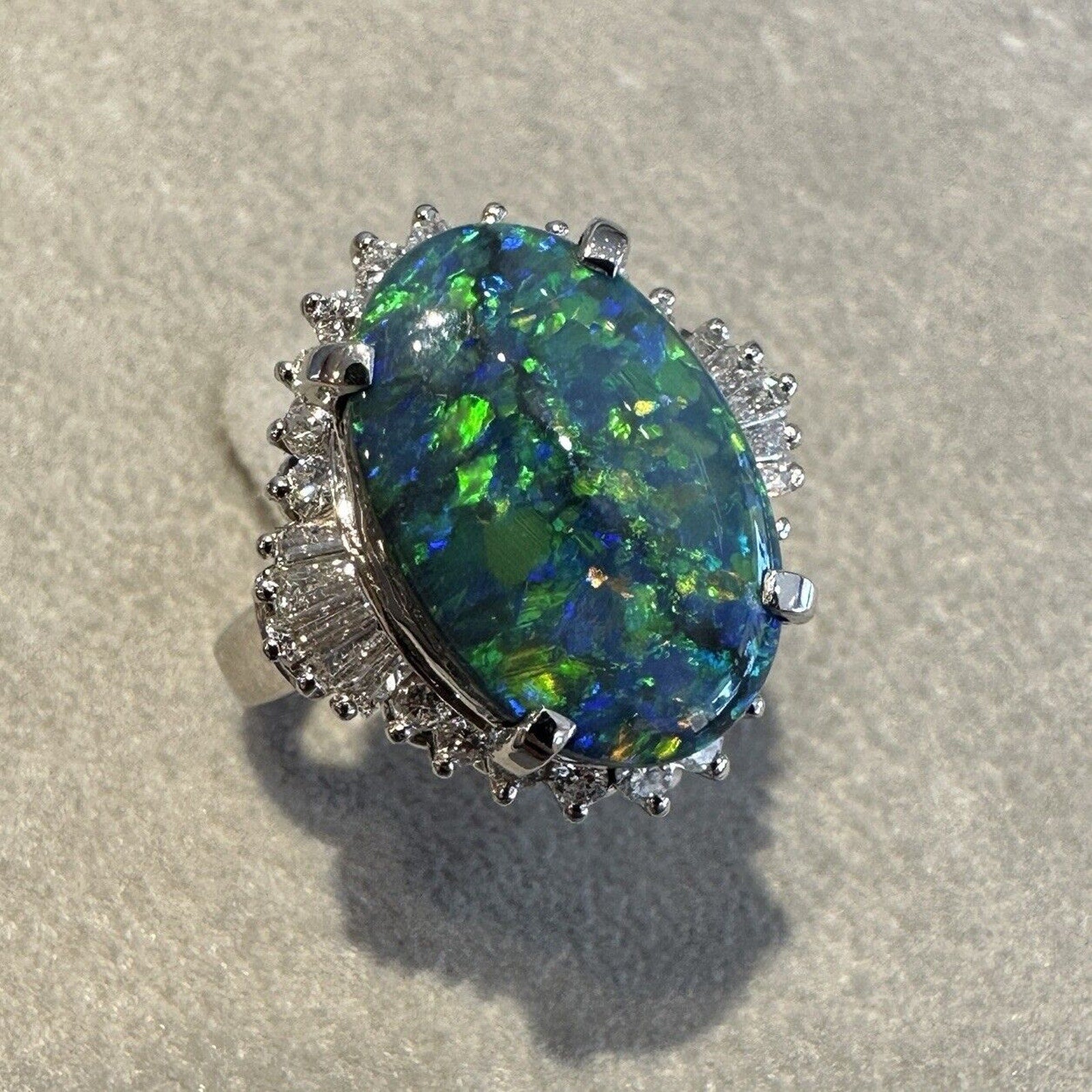 GIA Natural Black Opal 6.23 ct and Diamond Cocktail Ring in Platinum