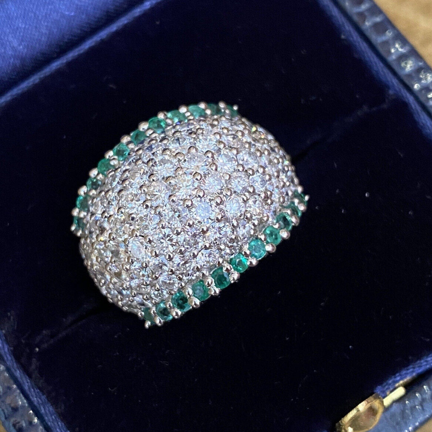 Estate Emerald & Diamond Wide Pave Dome Ring in Platinum