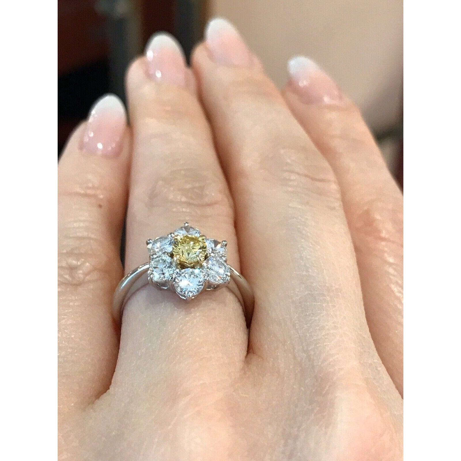 GIA Fancy Intense Yellow Diamond Floret Ring in Platinum /18k Gold