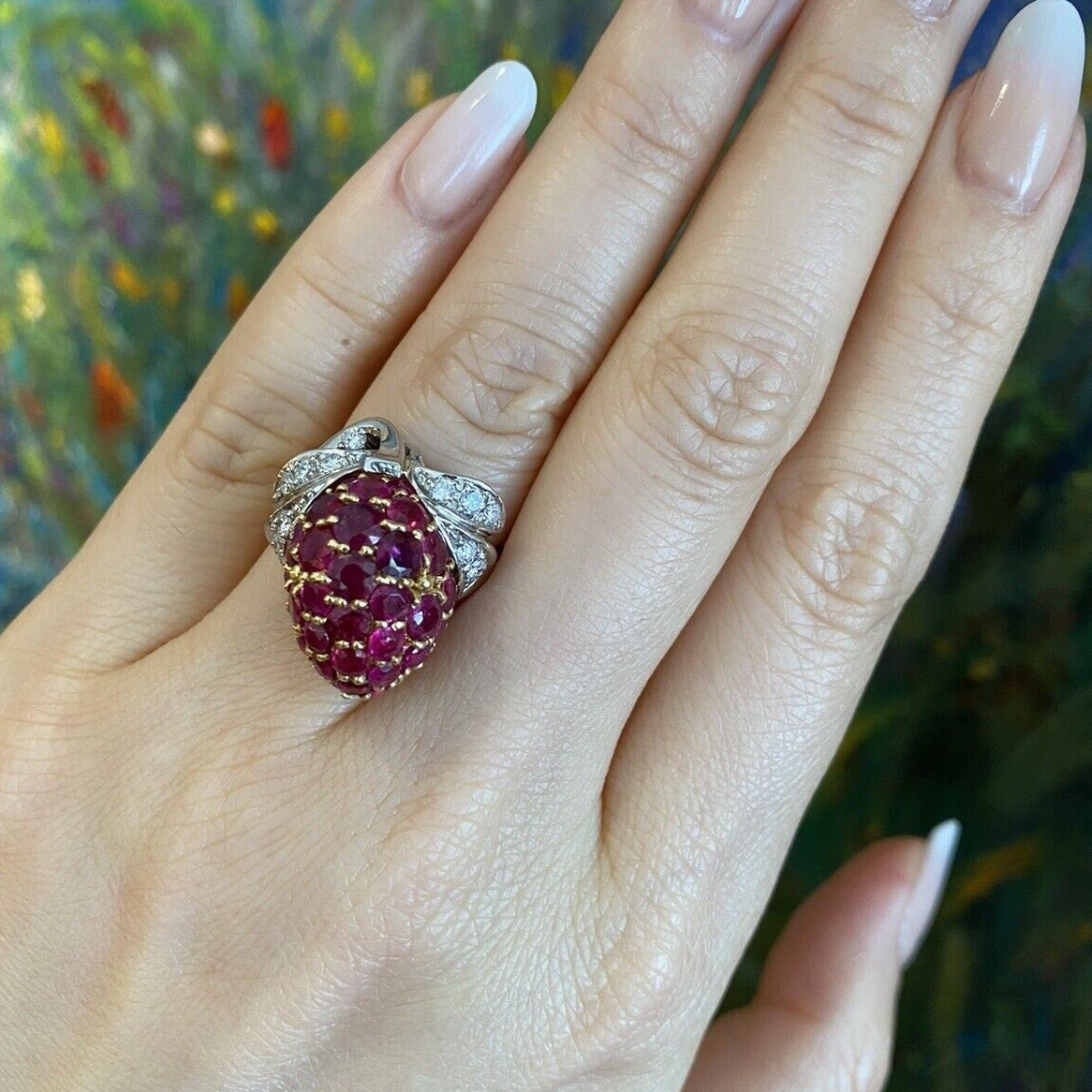 Ruby & Diamond Dome Strawberry Ring in 18k Yellow Gold & Platinum