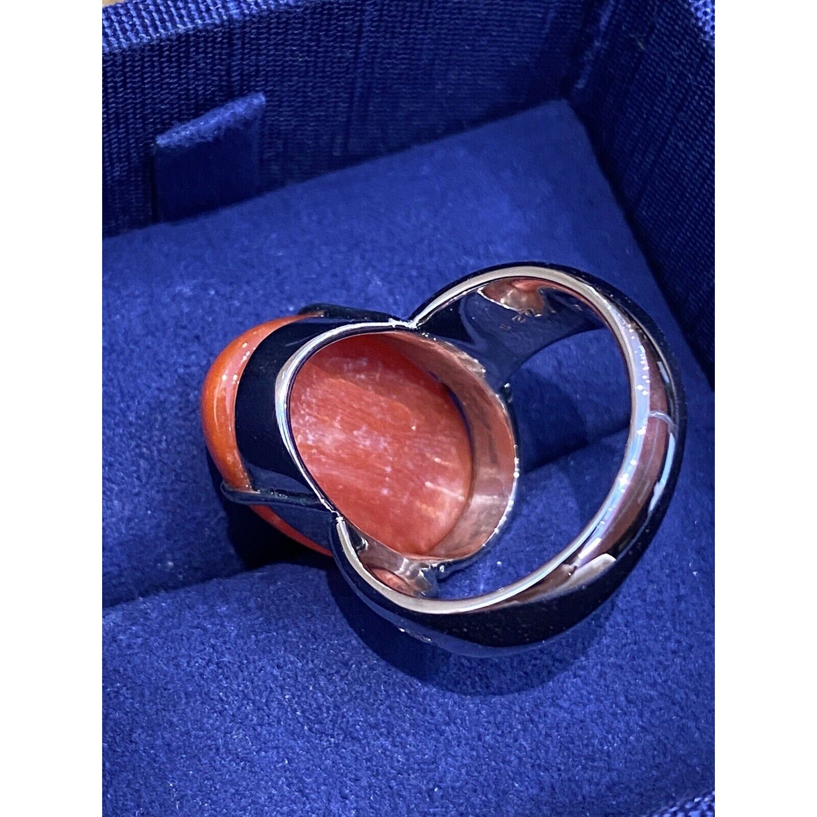 Large Oval Red Coral Cabochon & Diamond Cocktail Ring in Platinum