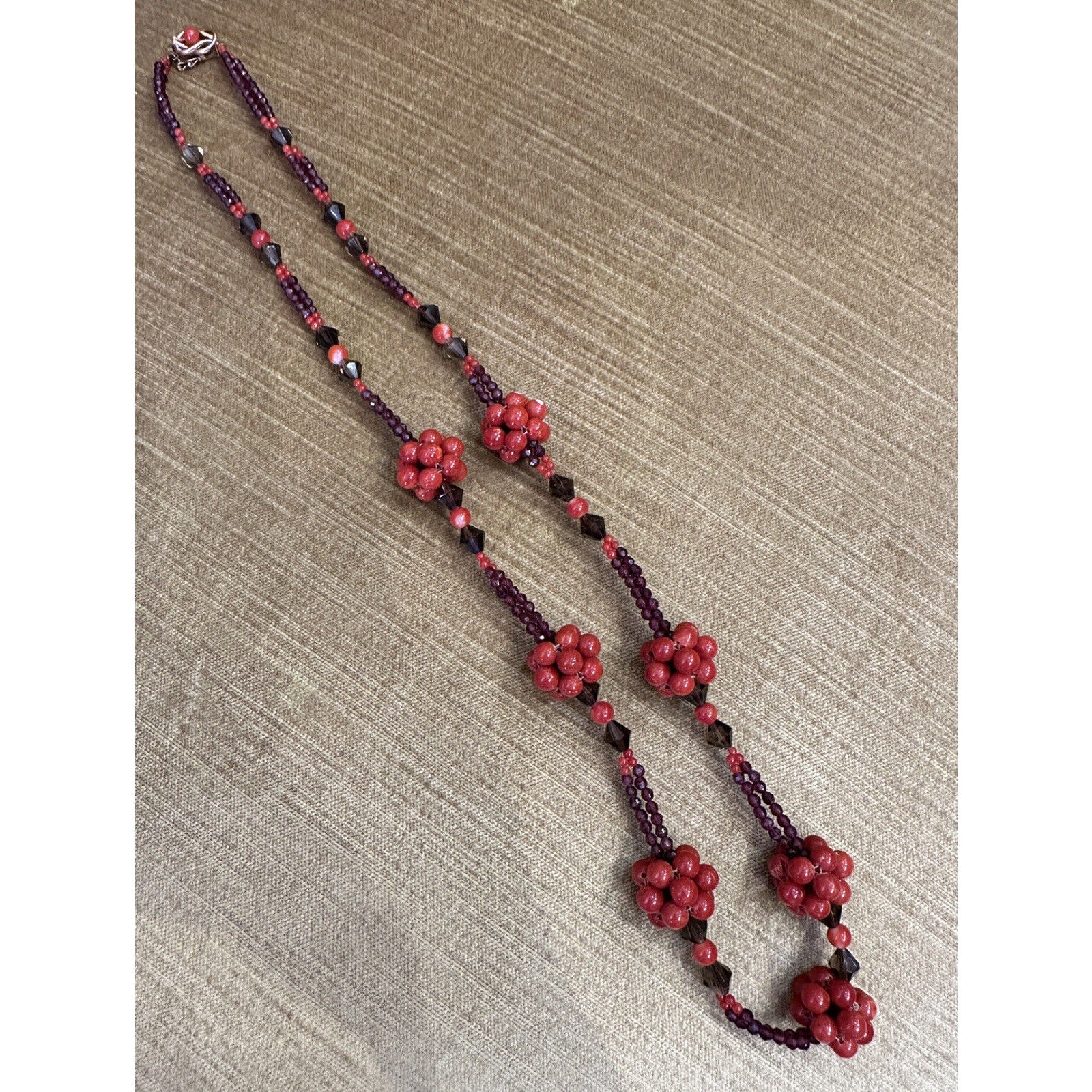 Coral, Garnet and Quartz Bead Necklace in 14k Yellow Gold