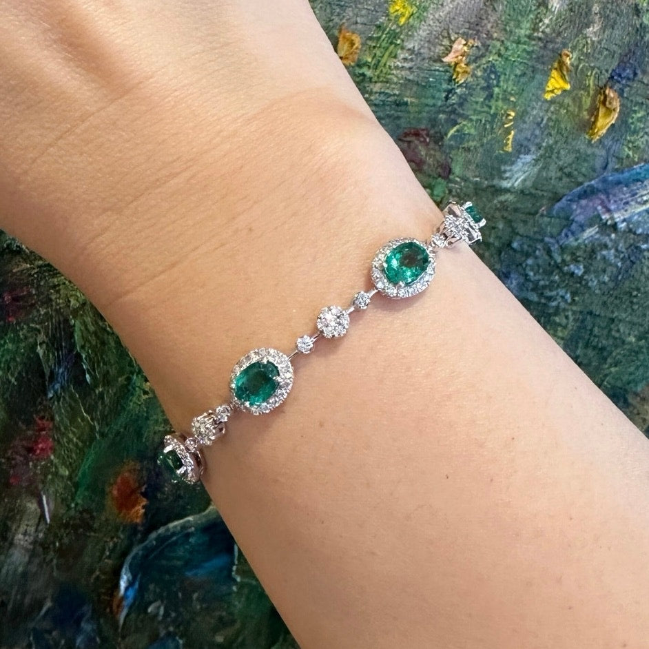 Emerald and Diamond Floret Link Bracelet in 18k White Gold