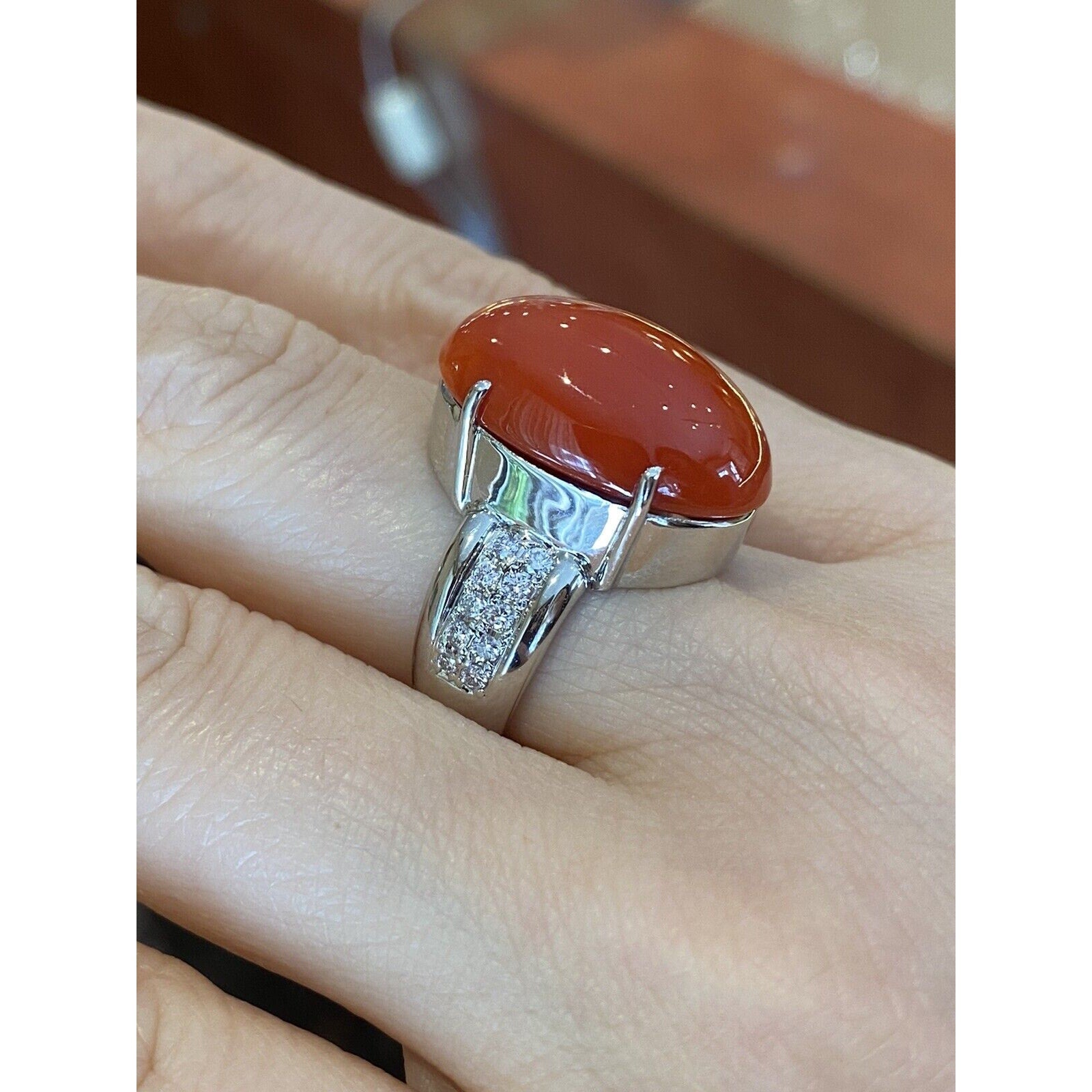 Large Oval Red Coral Cabochon & Diamond Cocktail Ring in Platinum