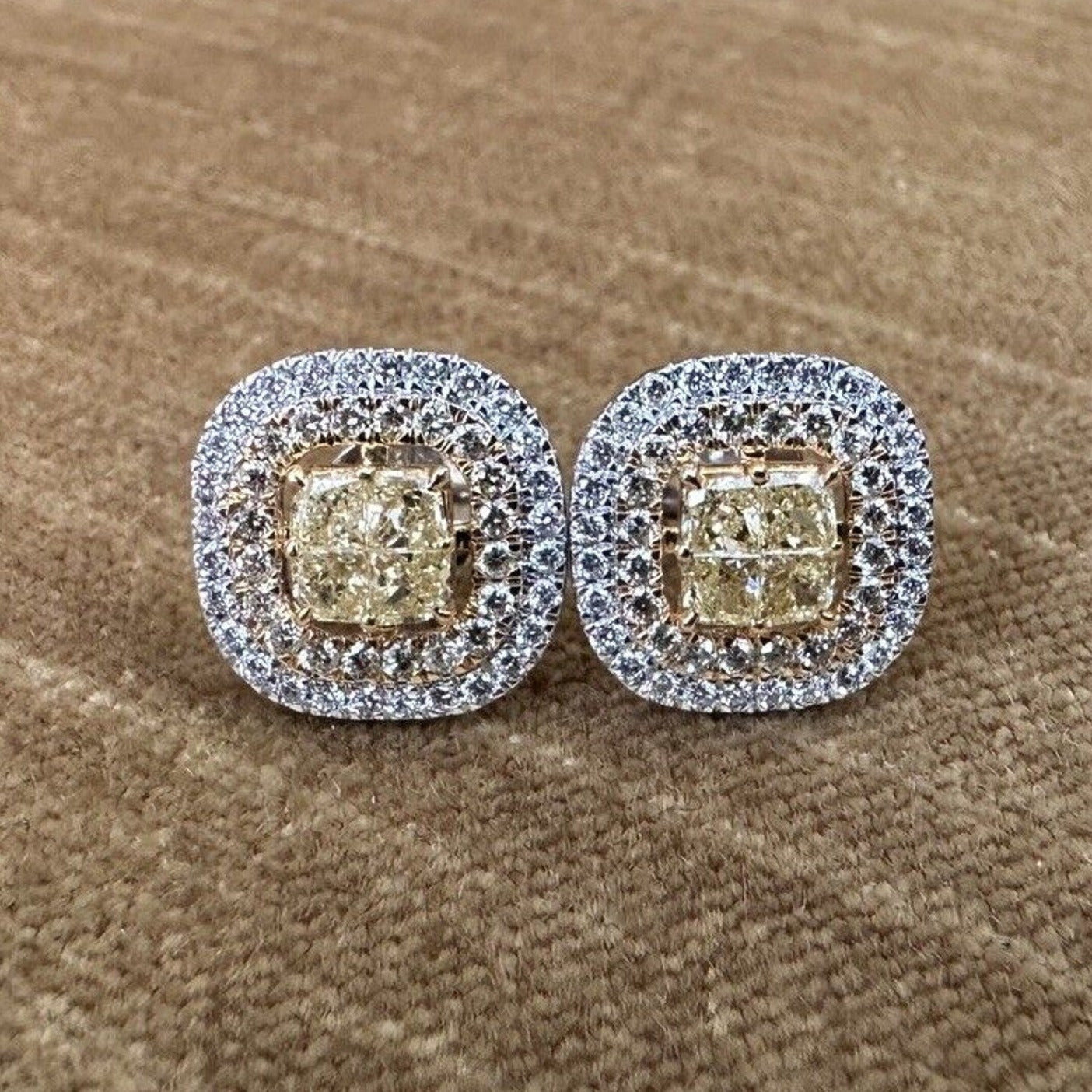 Natural Yellow & White Diamond Illusion set Earrings in 18k White Gold