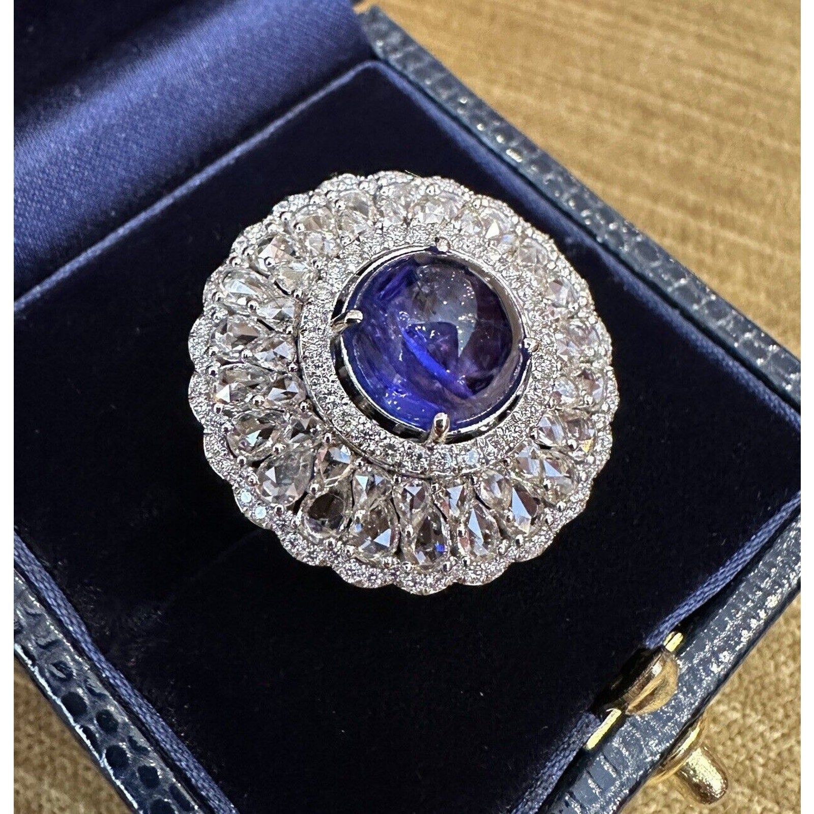 Tanzanite Cabochon and Rosecut Diamond Ring in 18k White Gold