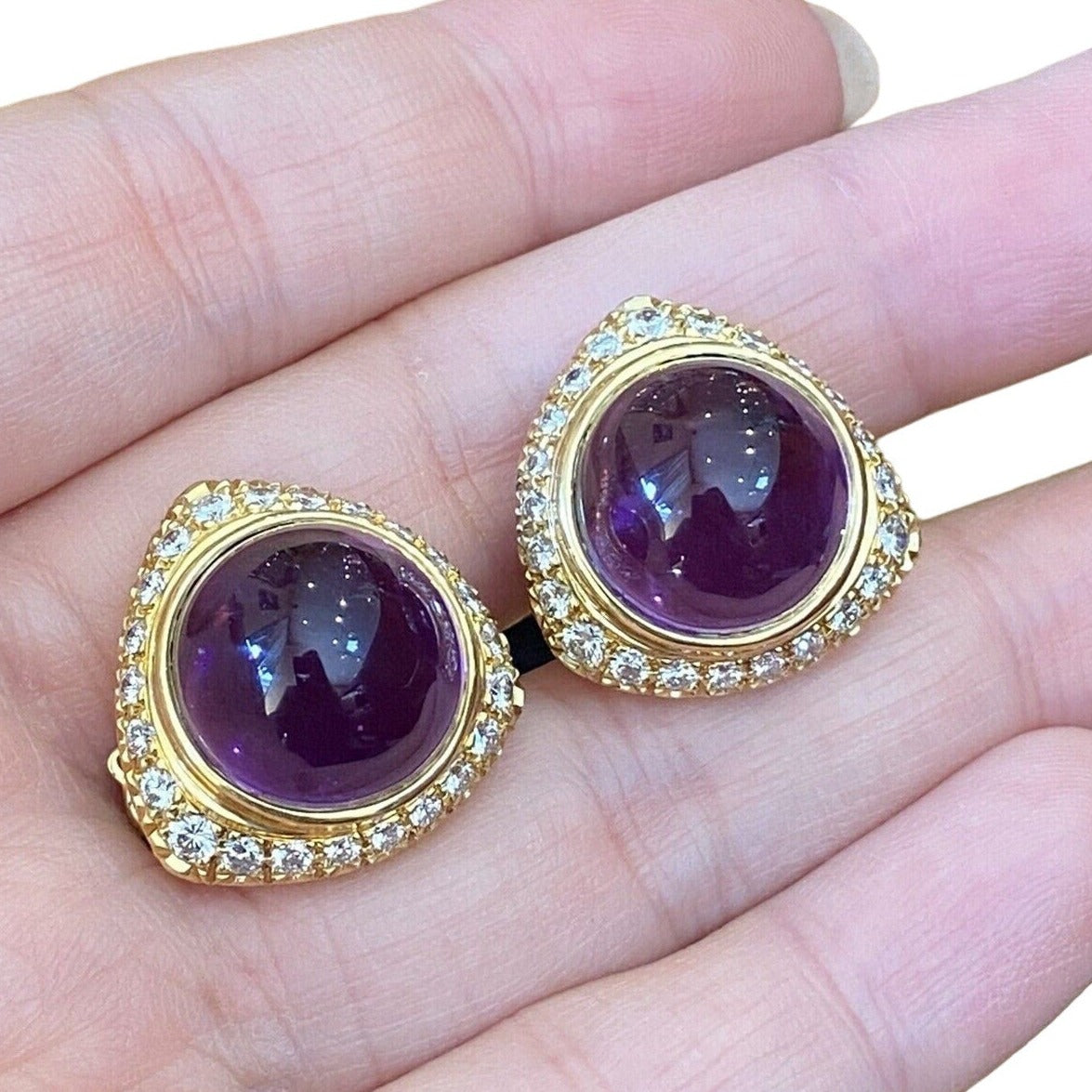 Round Amethyst Cabochon & Diamond Button Earrings in 18k Yellow Gold