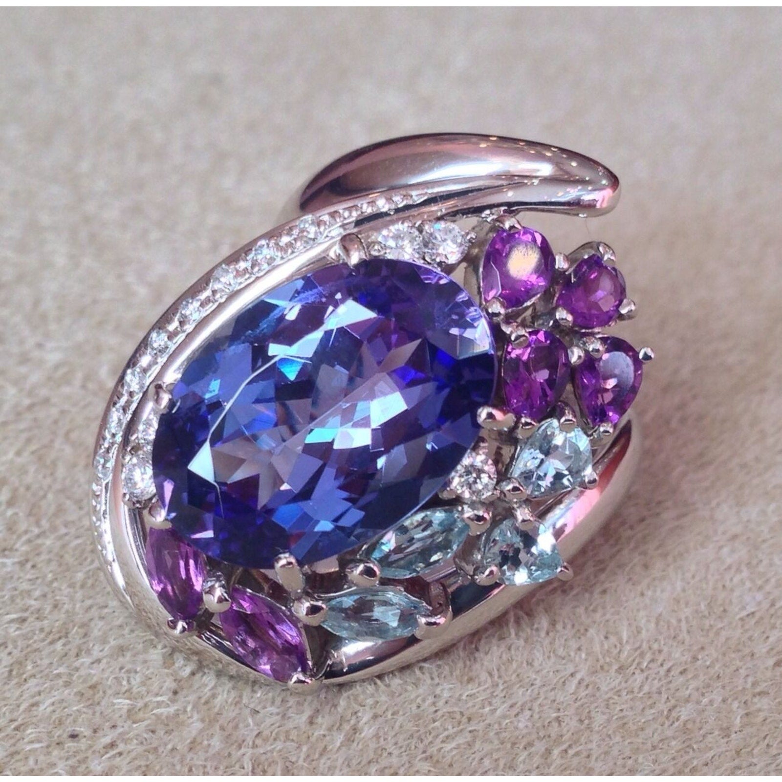 7.39 carat Tanzanite, Aquamarine Amethyst and Diamond Ring in Platinum