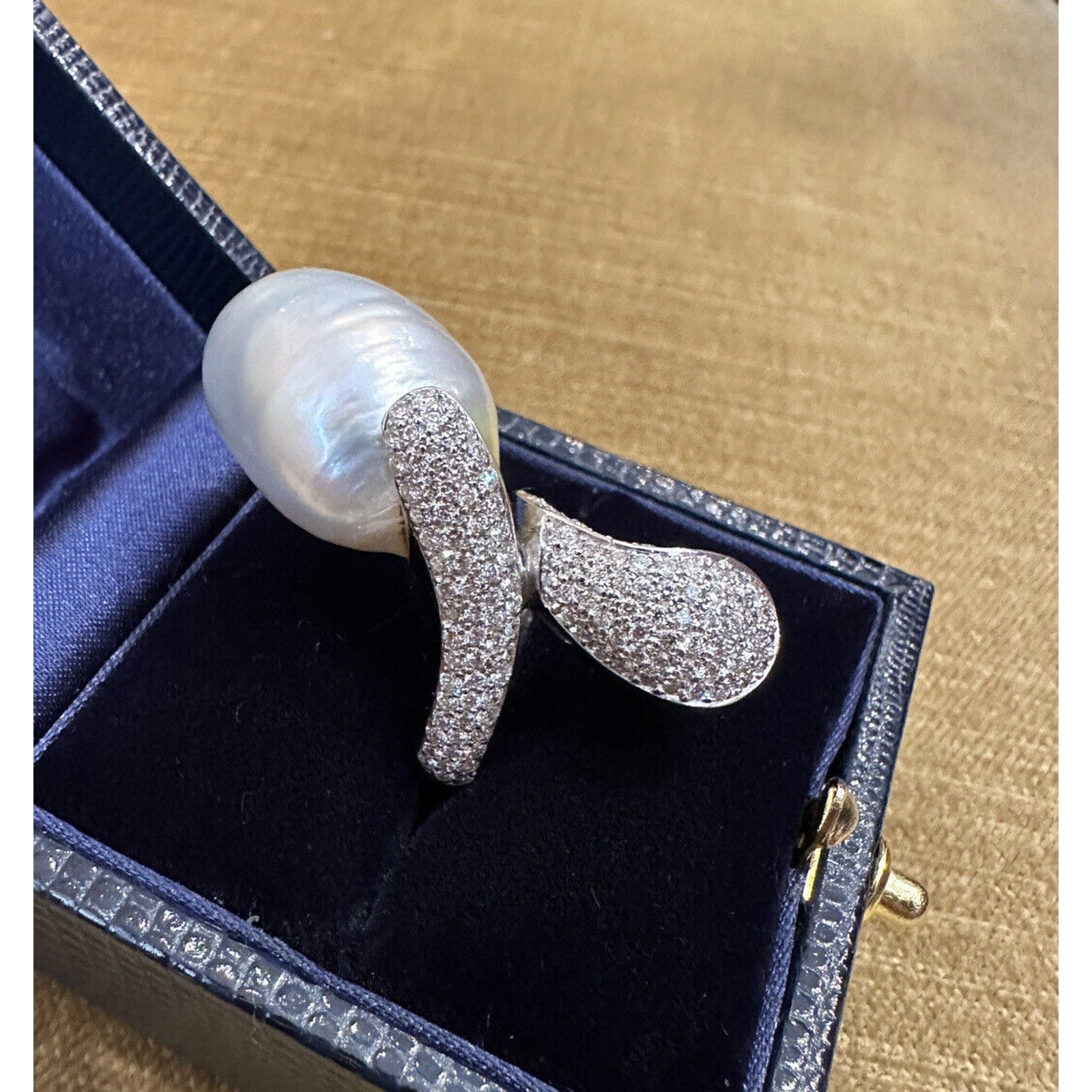 Large Baroque Pearl & Diamond Crossover Cocktail Ring in 18k White Gold