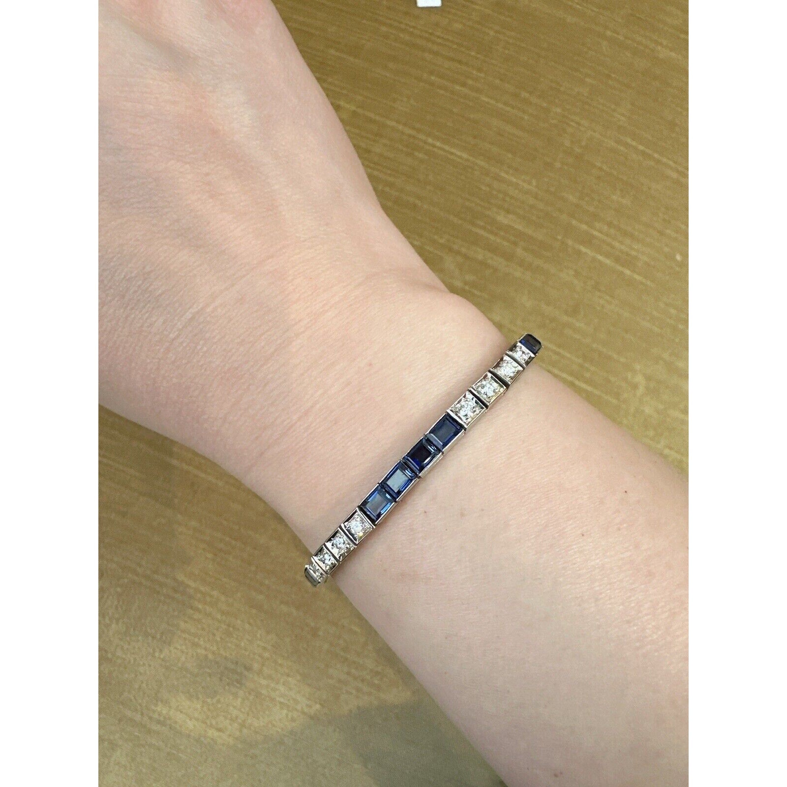 Vintage Diamond and Synthetic Sapphire Line Bracelet in 14k White Gold