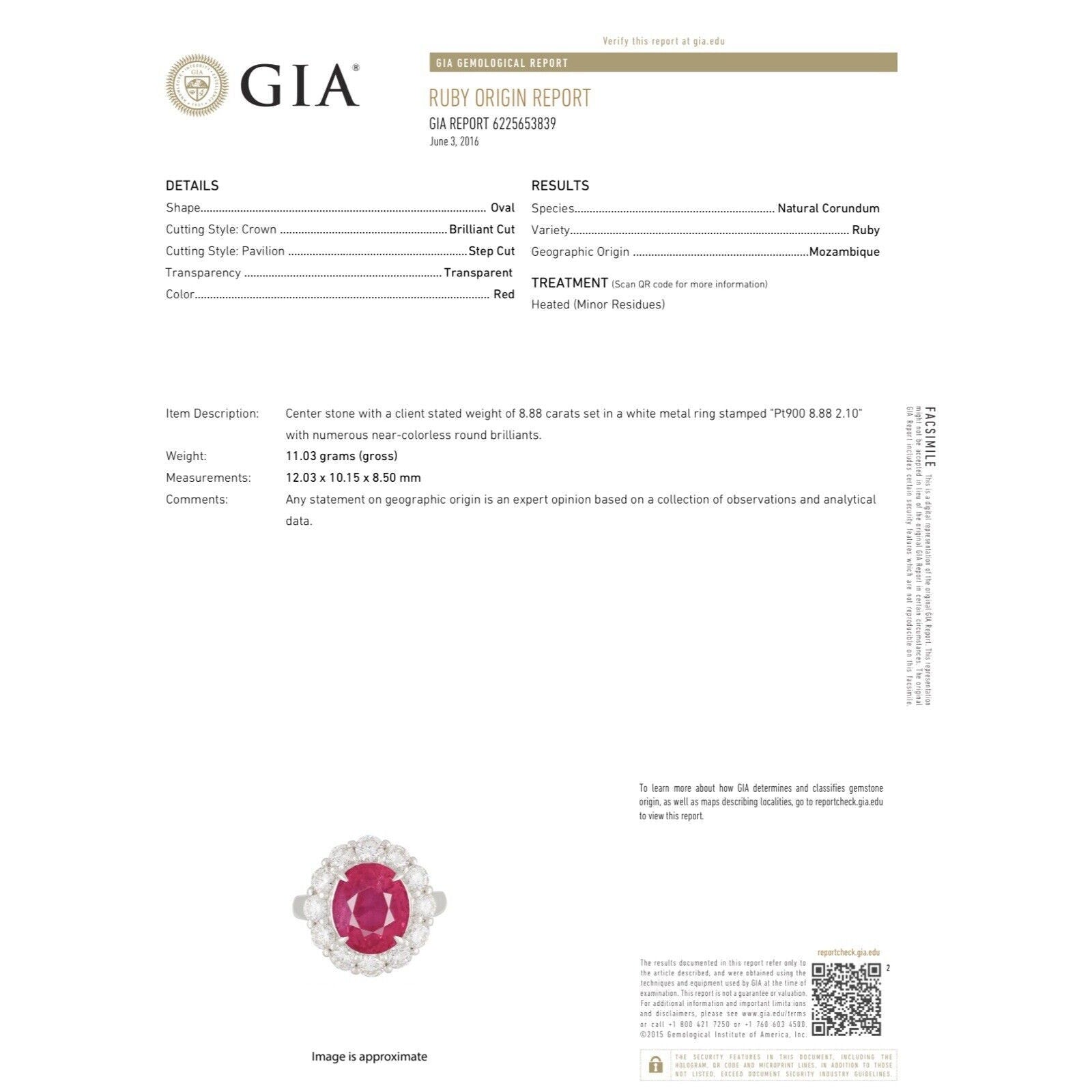 GIA Red Natural Oval Ruby 8.88 carat and Diamond Ring in Platinum