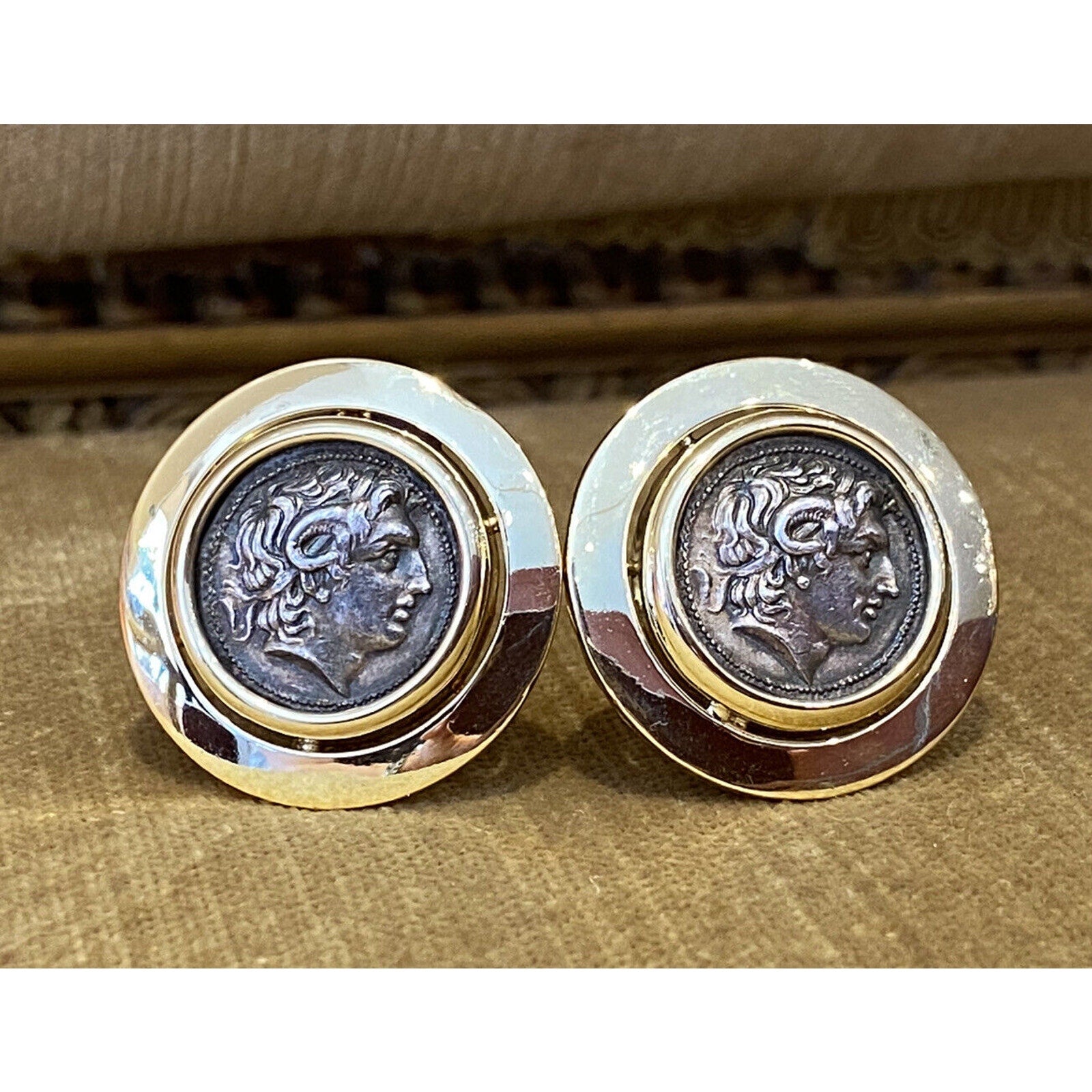 Vintage Large Ancient Coin Button Earrings in 18k Yellow Gold