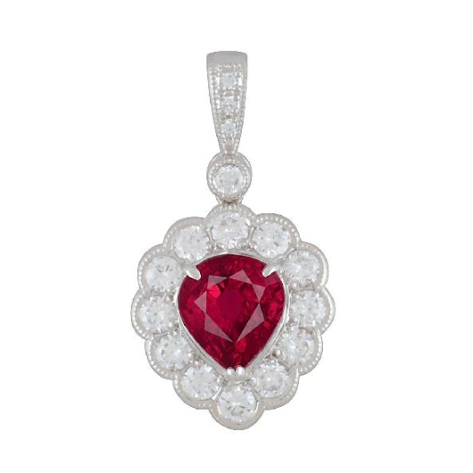 GIA Burma Ruby Pearshape Pendant Necklace w/ Round Diamonds in Platinum-HM2419BS