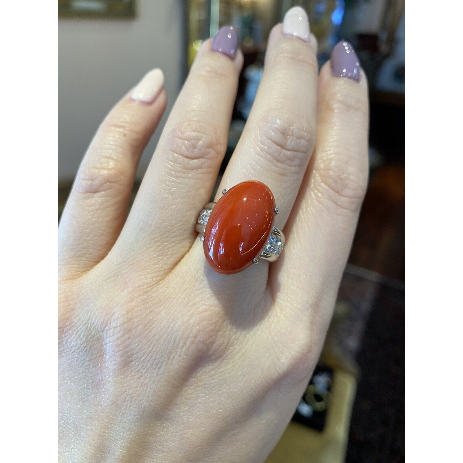 Large Oval Red Coral Cabochon & Diamond Cocktail Ring in Platinum