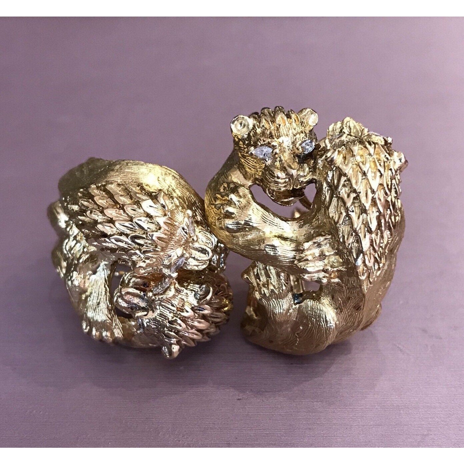 FRENCH Double Lion Earrings w/ Diamond in Textured 18k Yellow Gold