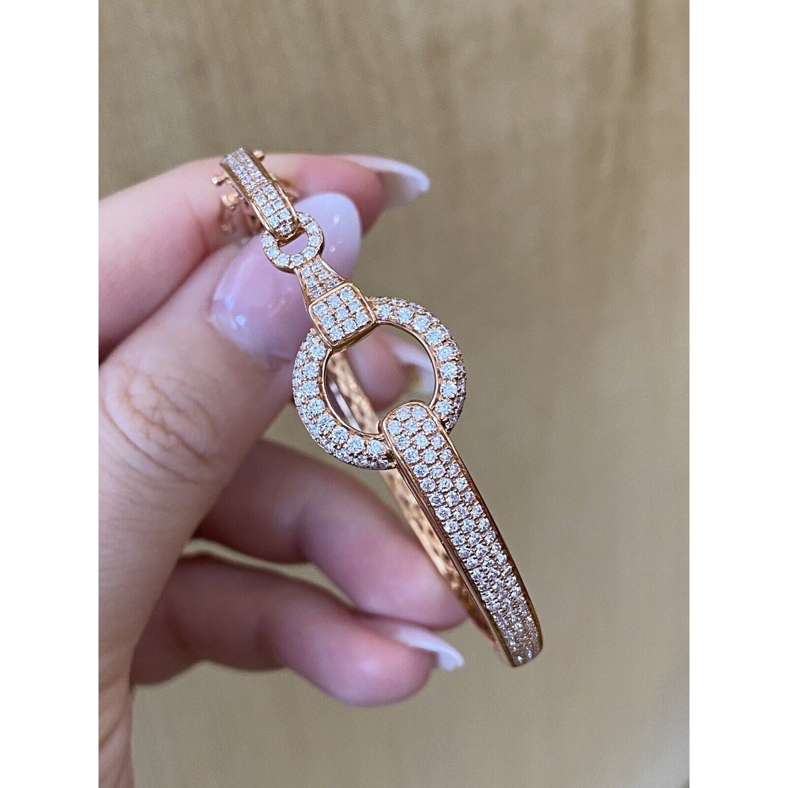 Pave Diamond Horsebit Style Bangle Bracelet in 18k Rose Gold
