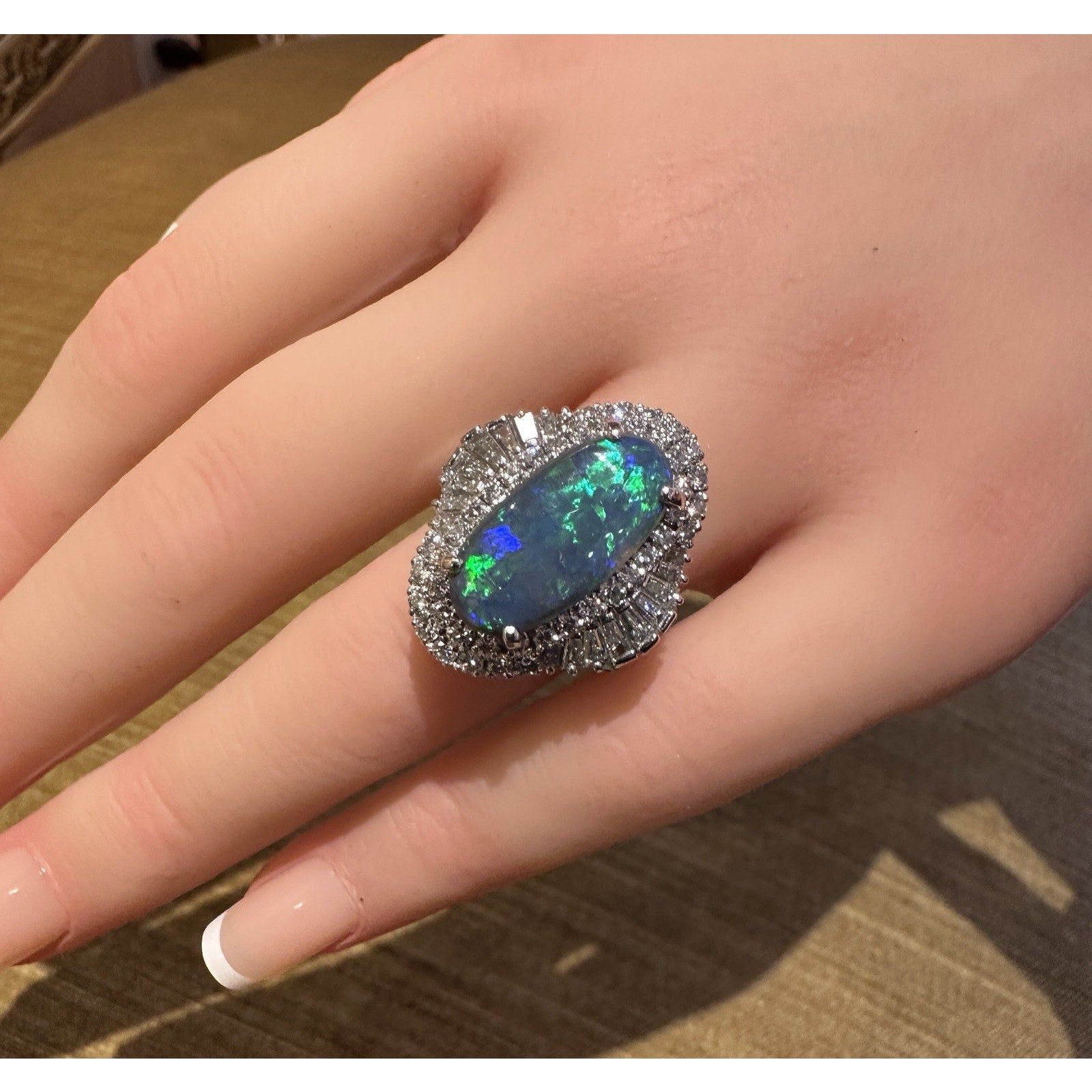 Natural Black Opal 3.77 ct and Diamond Cocktail Ring in Platinum