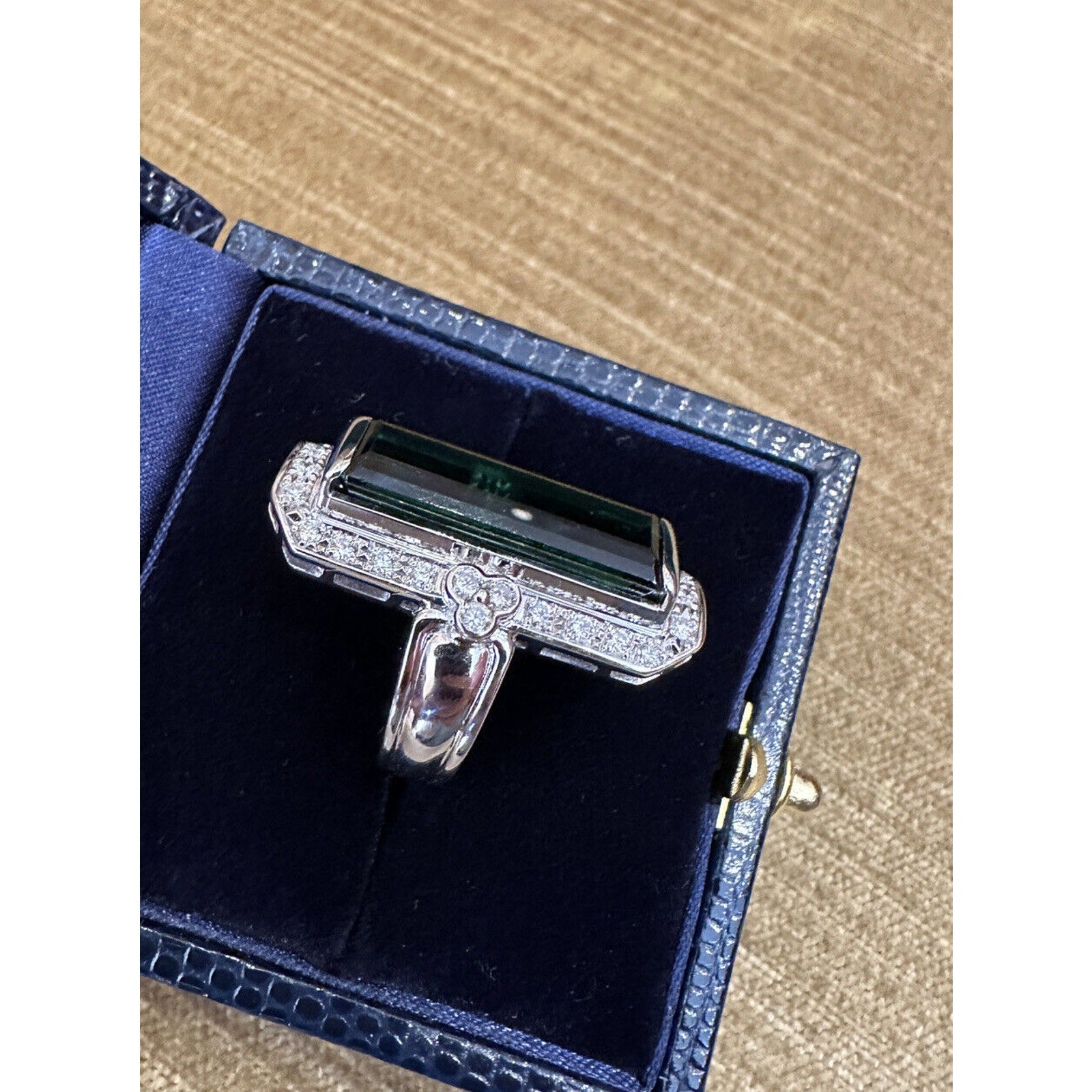 10.33 carat Elongated Green Tourmaline Ring w/ Diamonds in Platinum