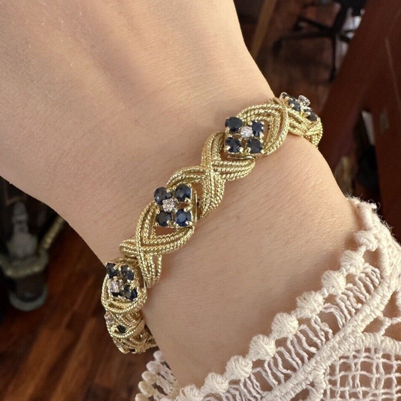 La Triomphe Sapphire and Diamond "X" Bracelet in 18k Yellow Gold