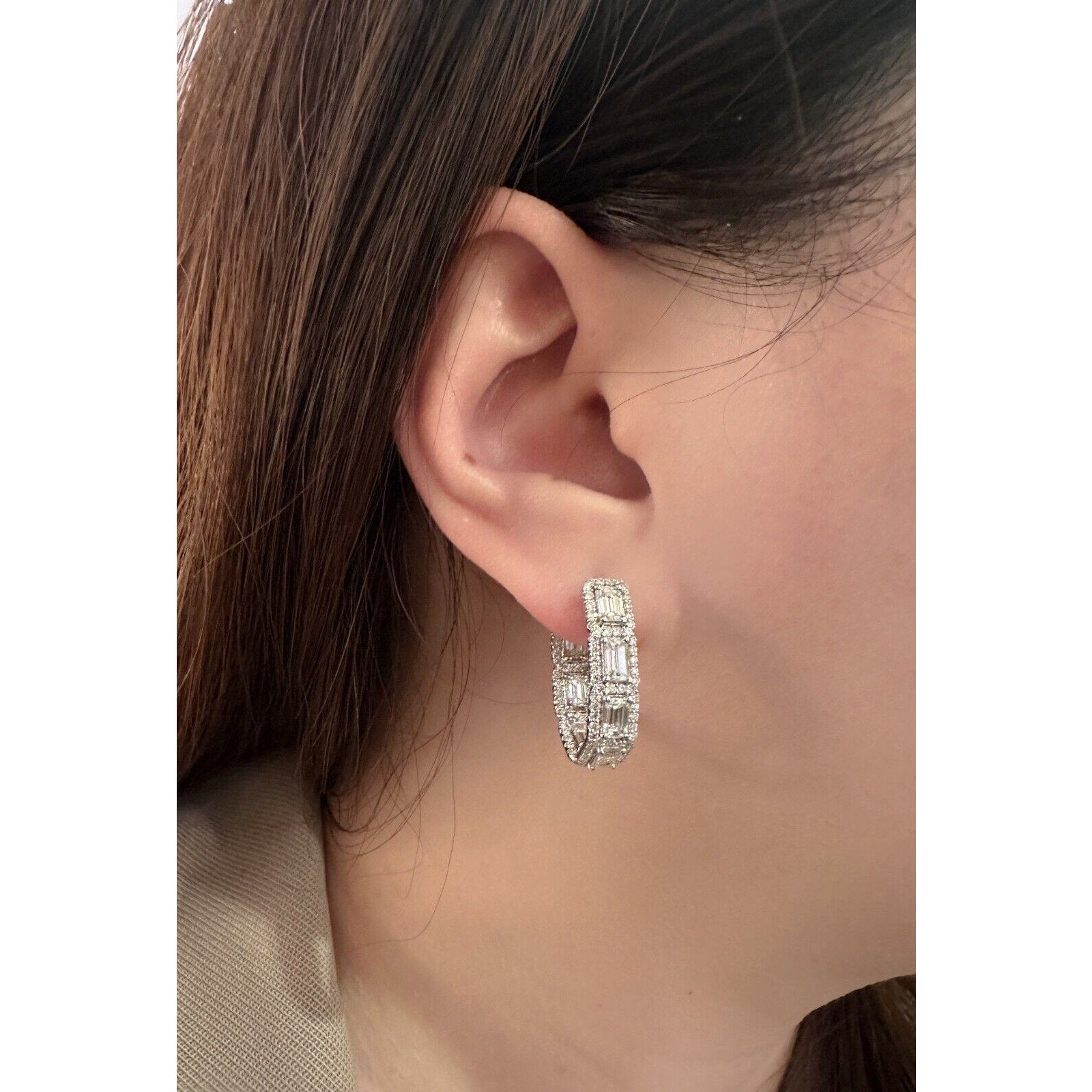 Emerald Cut & Round Diamond Hoop Earrings in 18k White Gold - HM2527BA