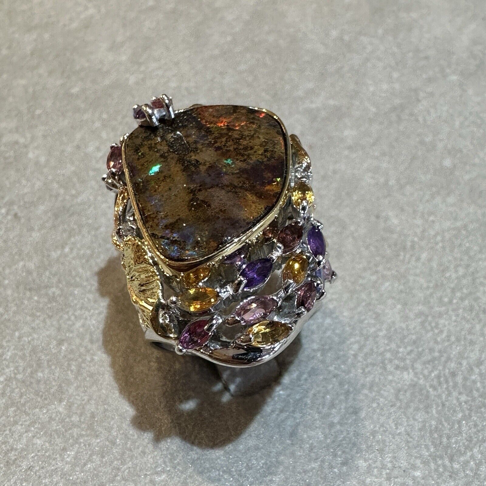 Natural Boulder Opal and Mixed Gem Ring in Platinum and 18k Gold