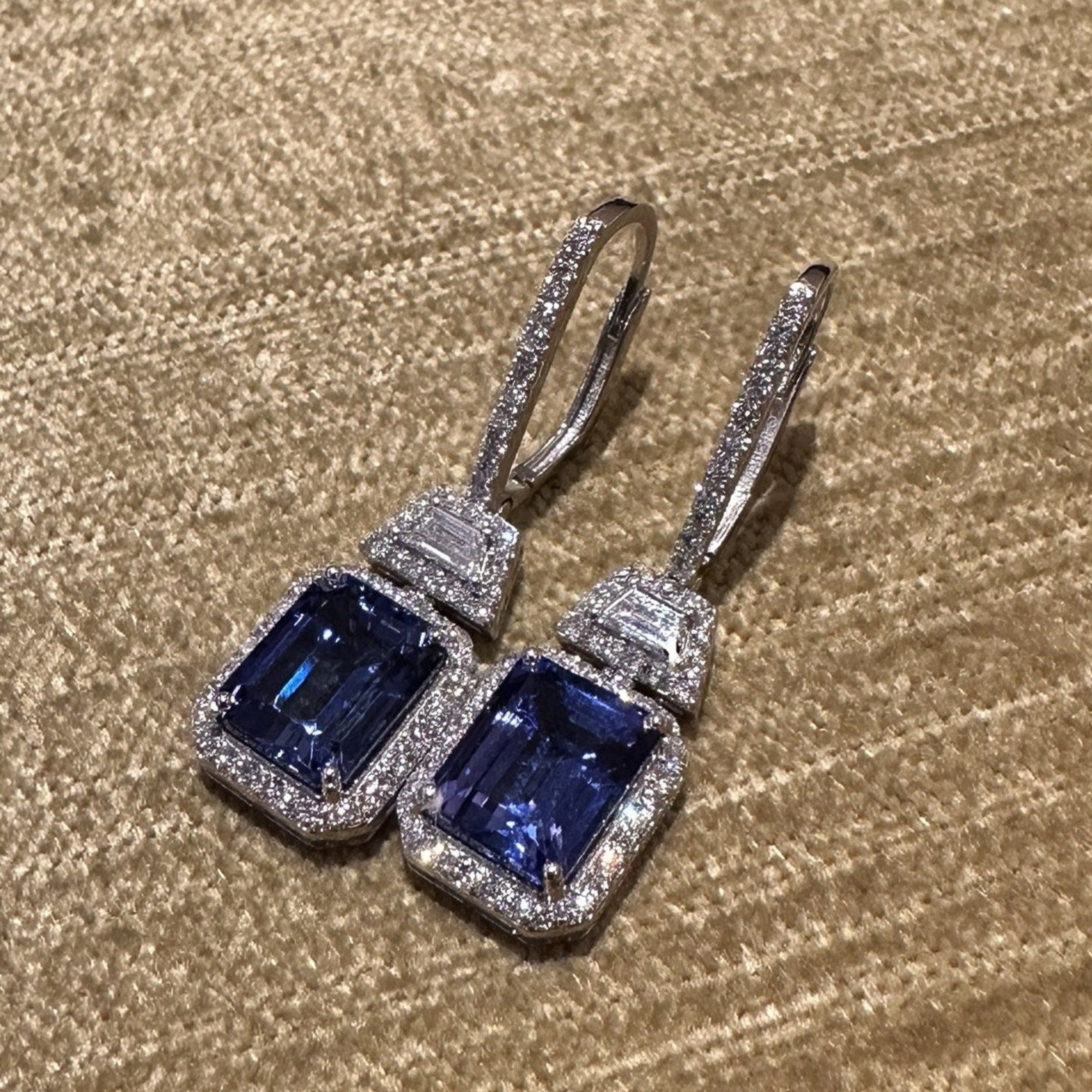 Emerald Cut Tanzanite & Diamond Drop Earrings in 18k White Gold