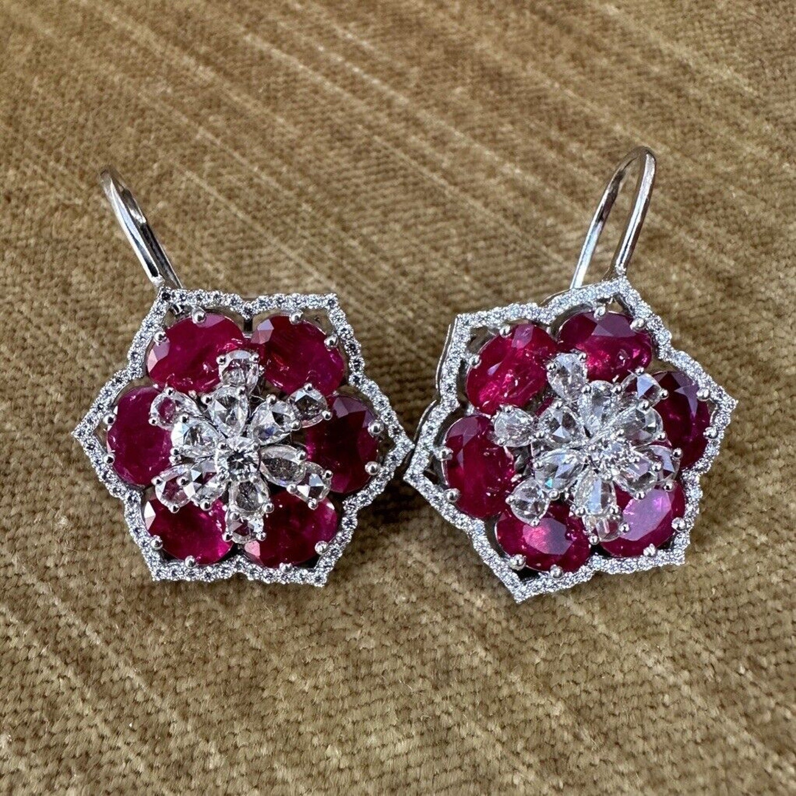 Ruby and Diamond Star-shaped Drop Earrings in 18K White Gold