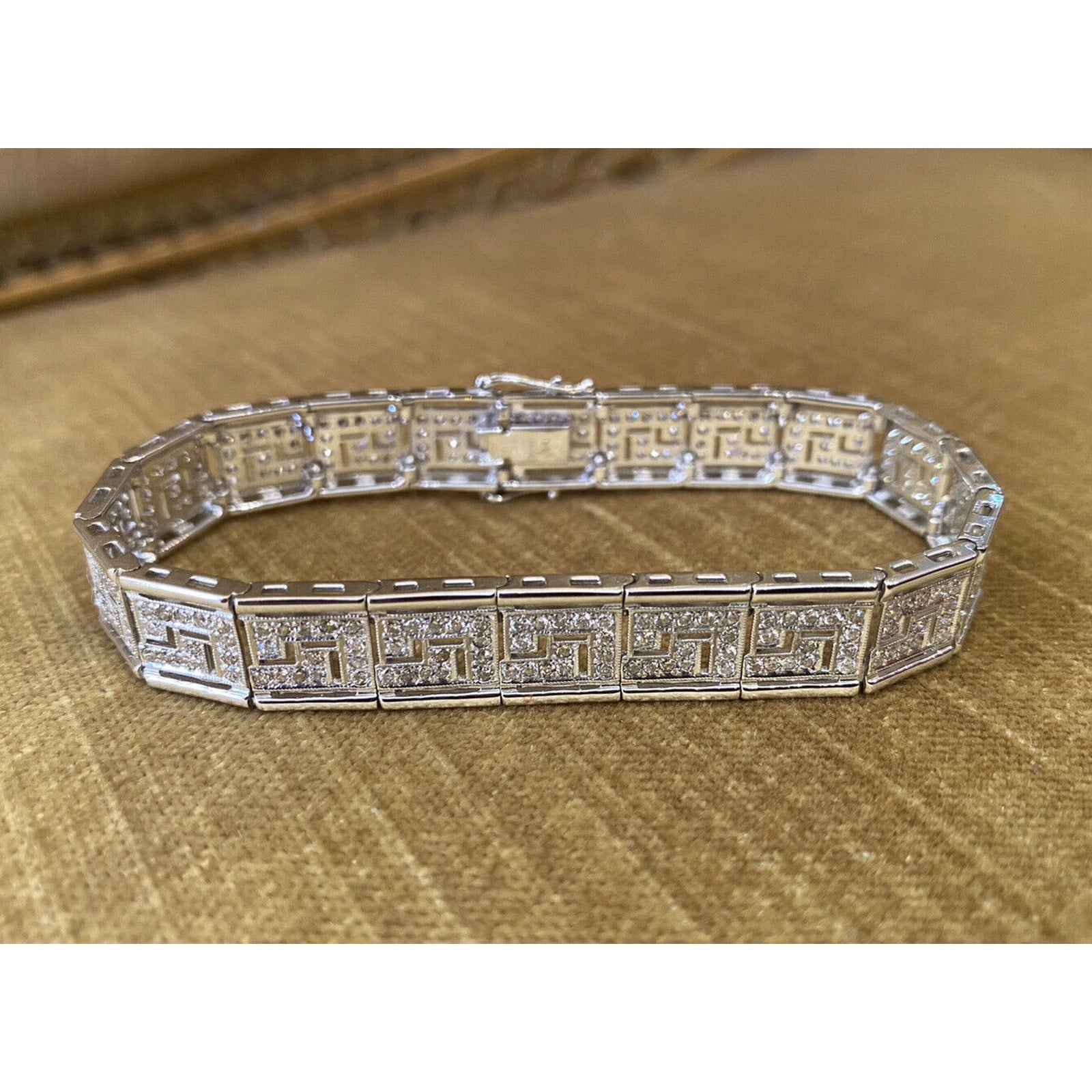 Diamond Greek Key Bracelet in 18k White Gold 3 carat total weight