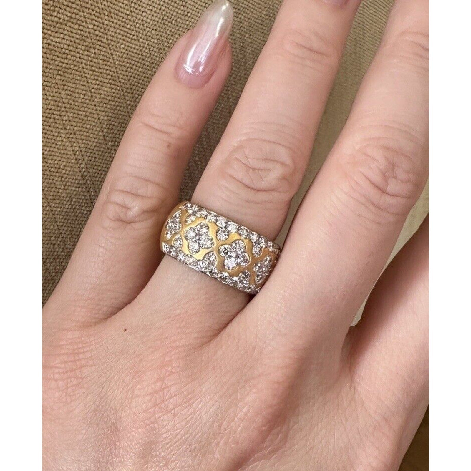 Wide Diamond Cigar Band Ring -Clover Design- insd 18k Yellow Gold