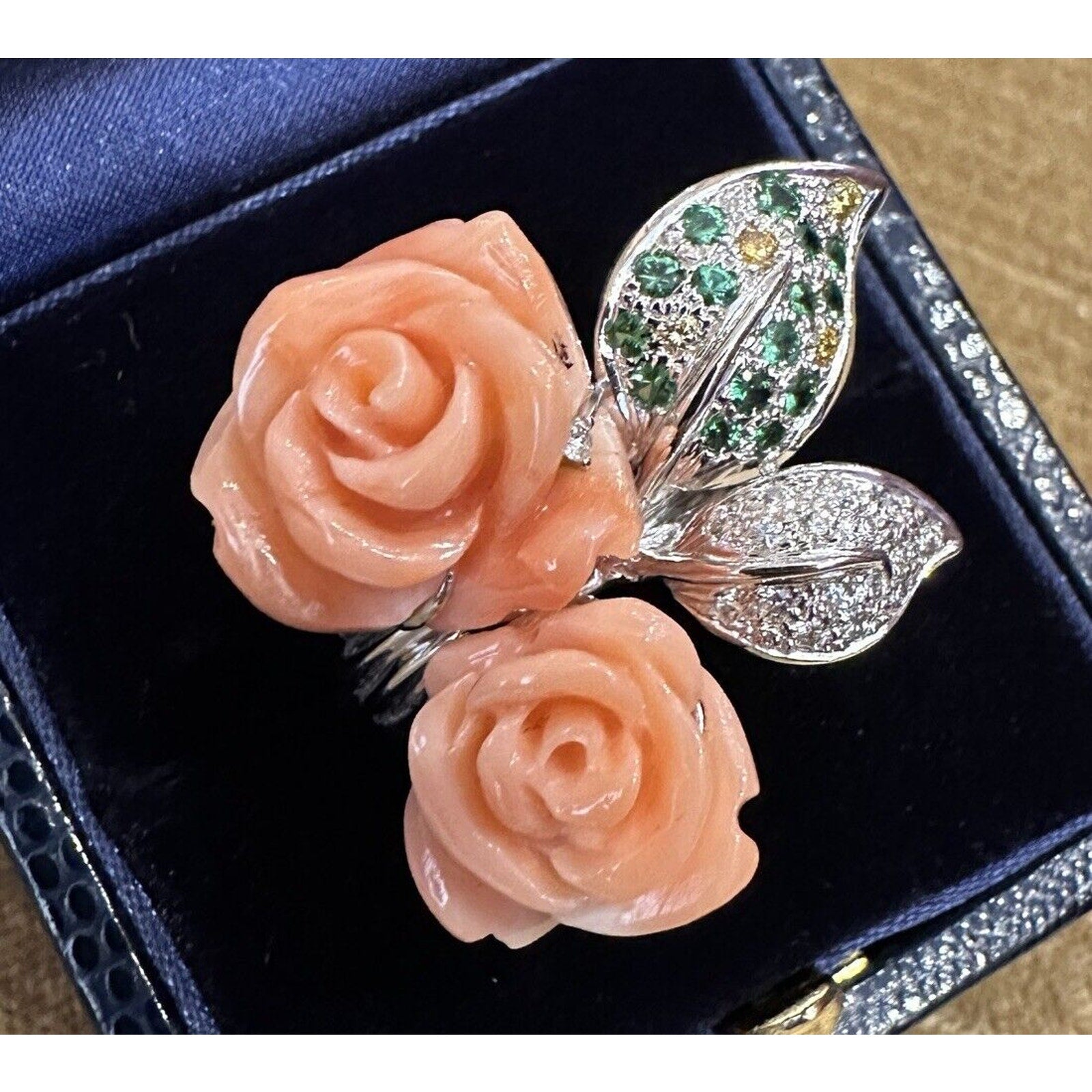 Coral Rose Ring with Diamonds and Gemstones in 18k White Gold - HM2469S