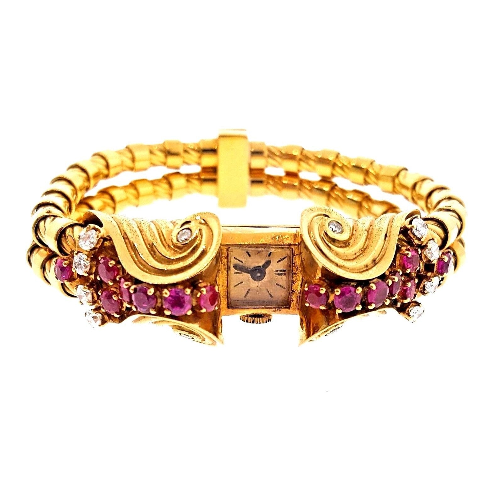 French Retro Ruby and Diamond Bracelet Watch in 18k Rose Gold