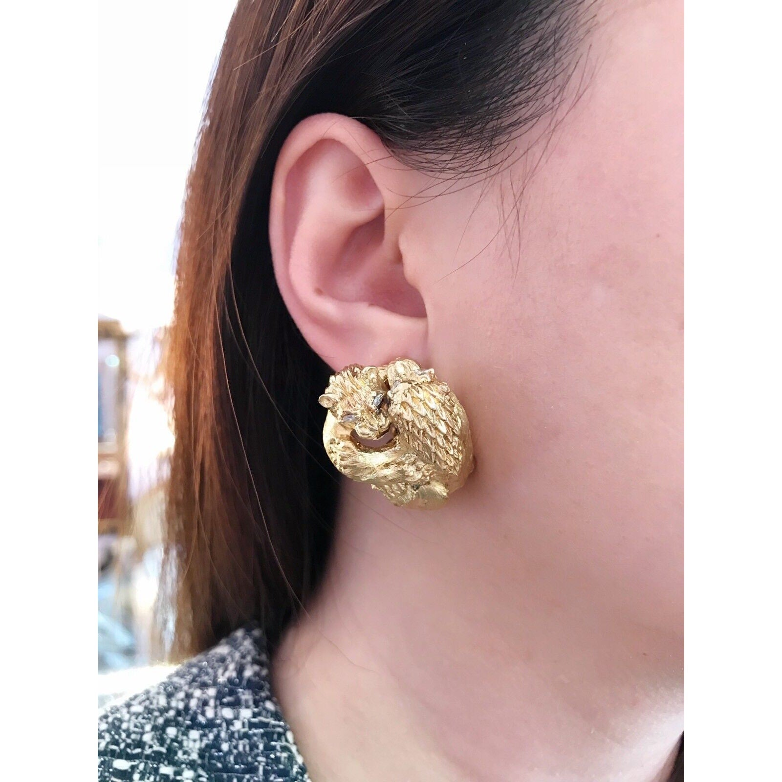 FRENCH Double Lion Earrings w/ Diamond in Textured 18k Yellow Gold