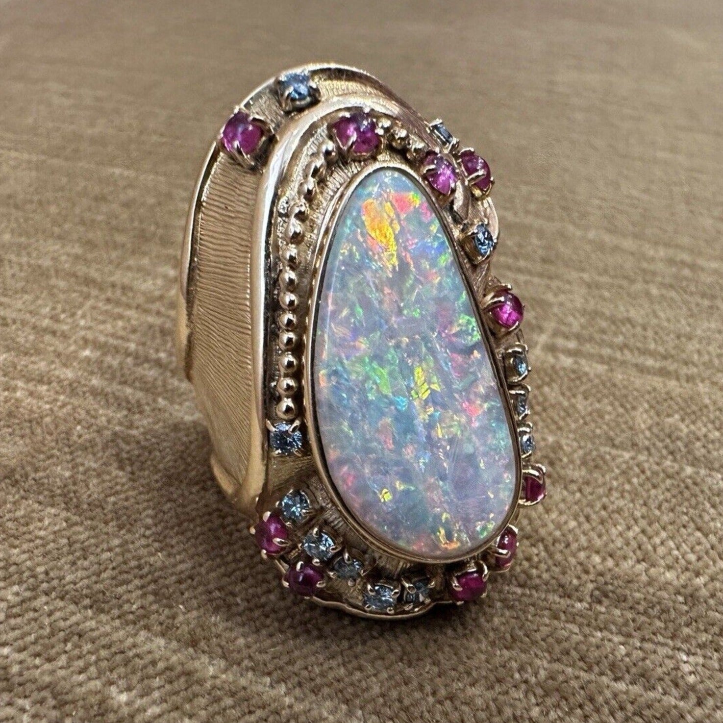 Large Opal, Ruby and Diamond Ring in 18k Yellow Gold - HM1725SI