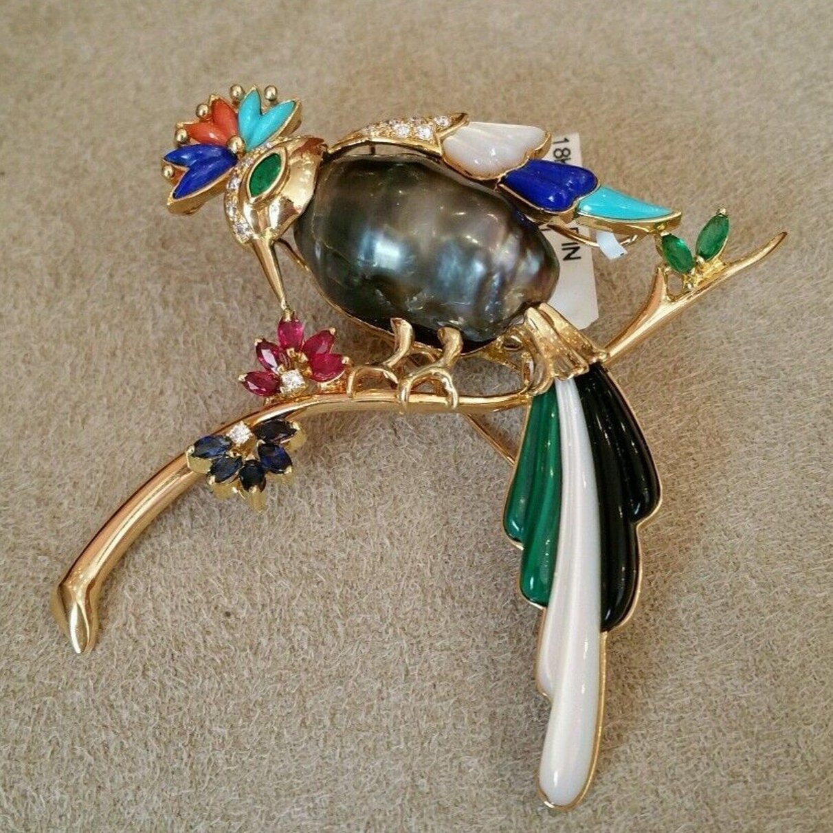 Bird Pin with Black Pearl, Diamonds and Mixed Stones in 18K Yellow Gold