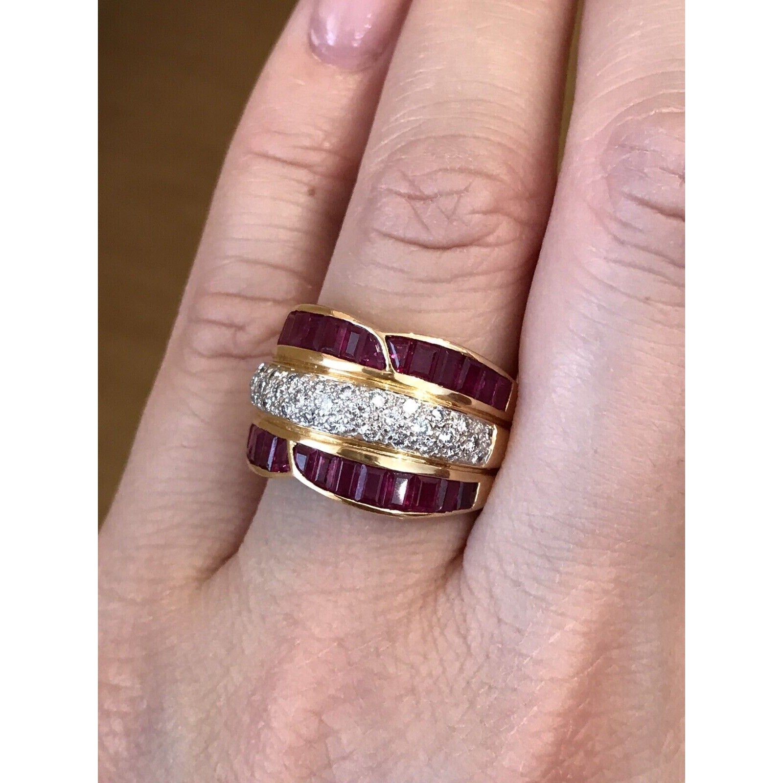 Ruby and Diamond Baguette Wide Band Cocktail Ring in 18k Yellow Gold