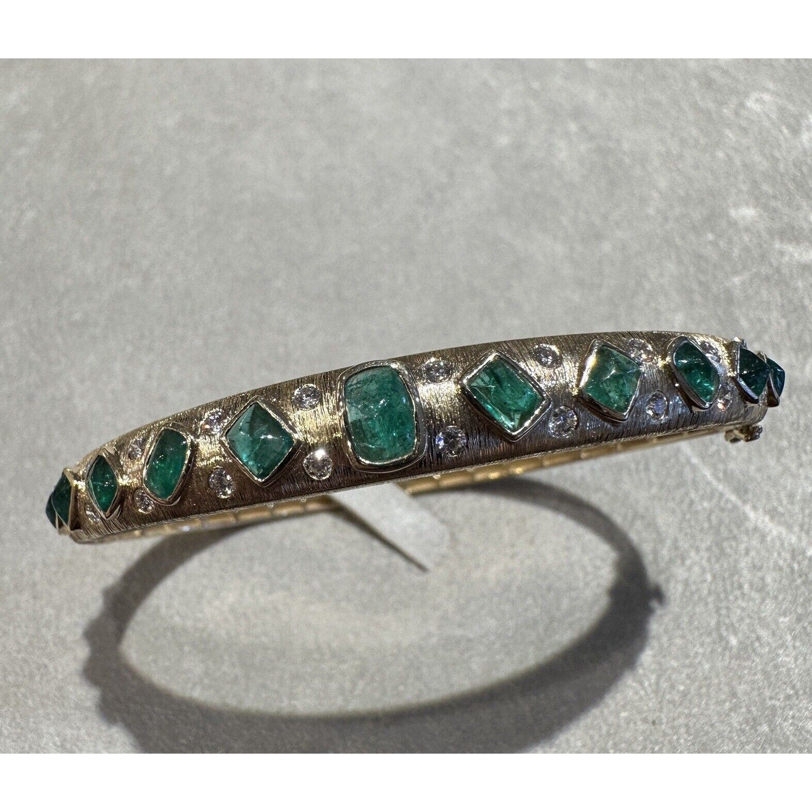 Natural Emerald & Diamond Bangle Bracelet in Textured 14k Yellow Gold - HM2626A