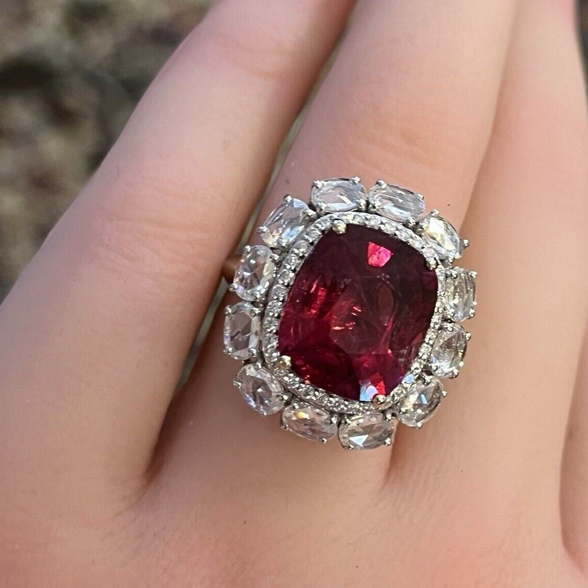 Natural Rubellite and Diamond Ring in 18k White Gold