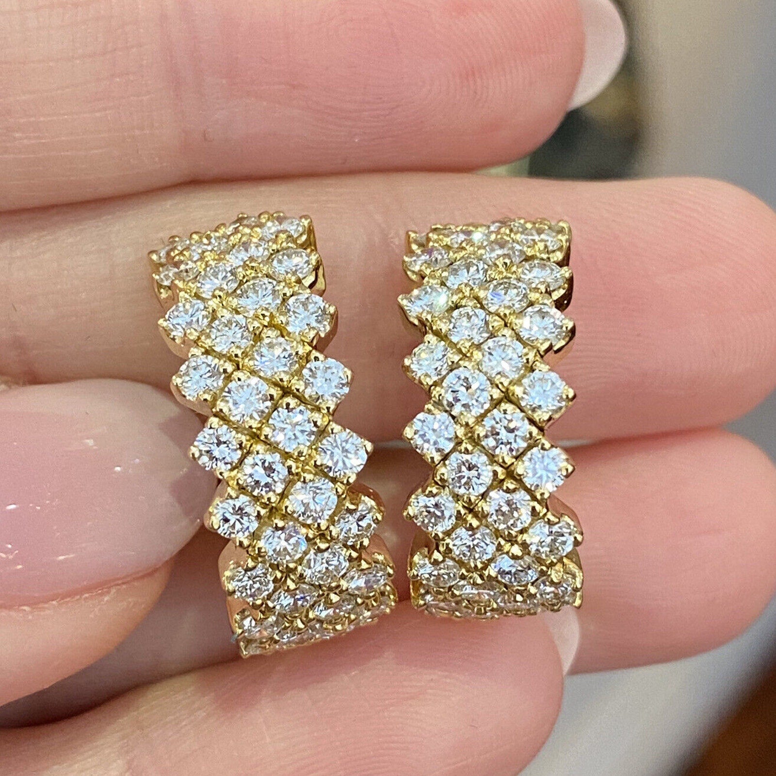 Four Row Half Hoop Diamond Earrings 3.60 cttw in 18k Yellow Gold