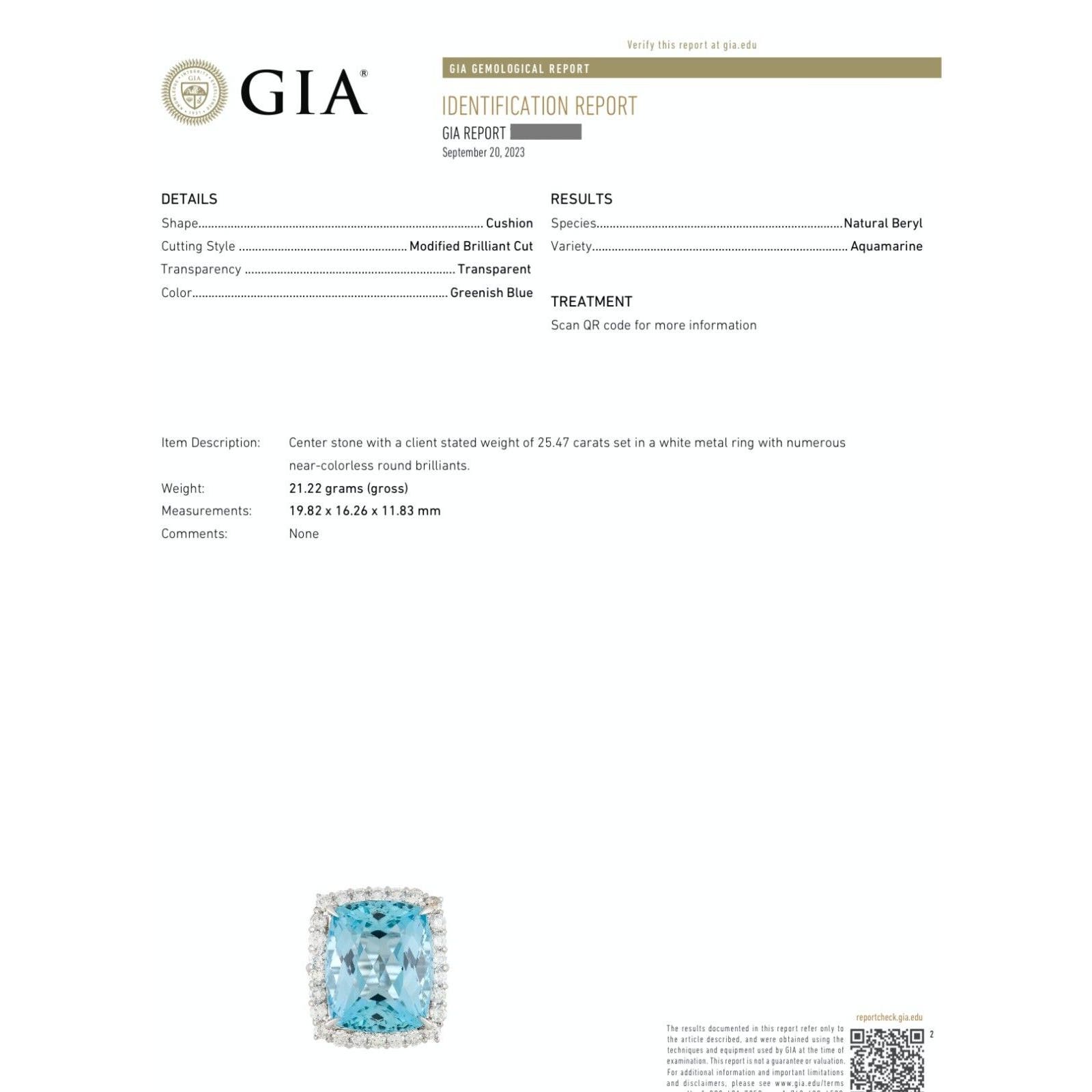 GIA 25.47 ct Aquamarine and Diamond Ring in Platinum - HM2371RN