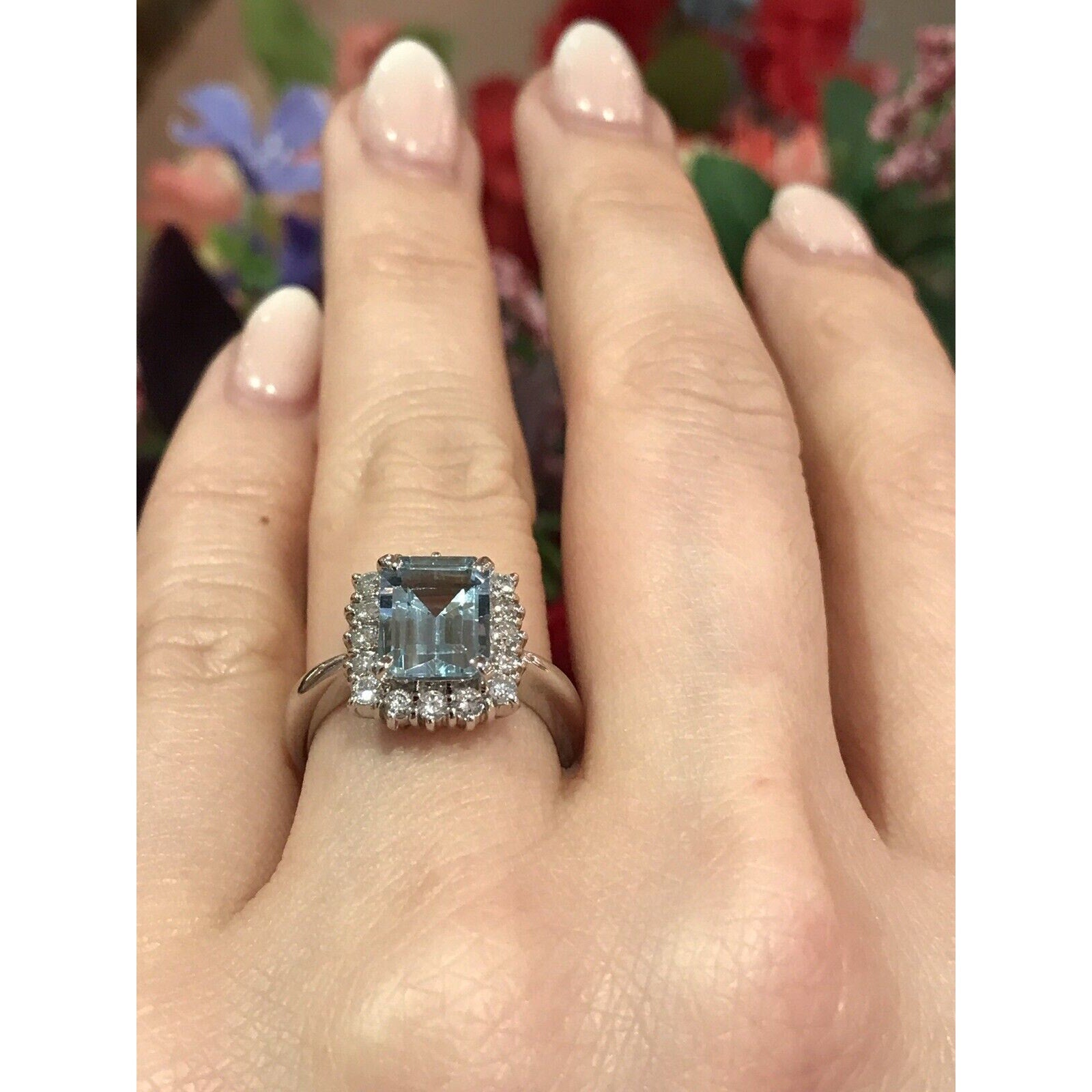 2.08 carat Emerald Cut Aquamarine & Diamond Halo Ring in Platinum