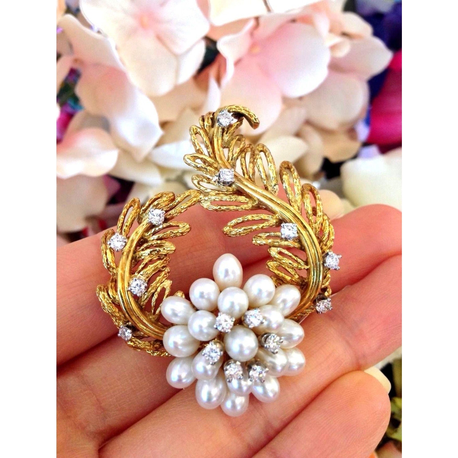 Le Triomphe Pearl & Diamond Floral Brooch / Pin in 18k Yellow Gold