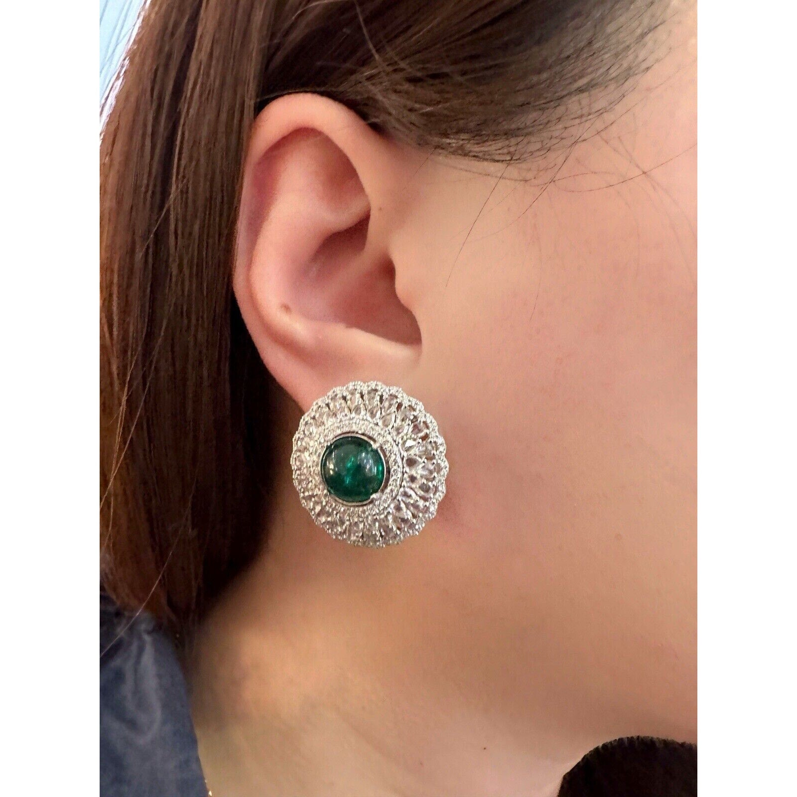 Emerald Cabochon and Rose cut Diamond Earrings in 18k White Gold - HM2569EI