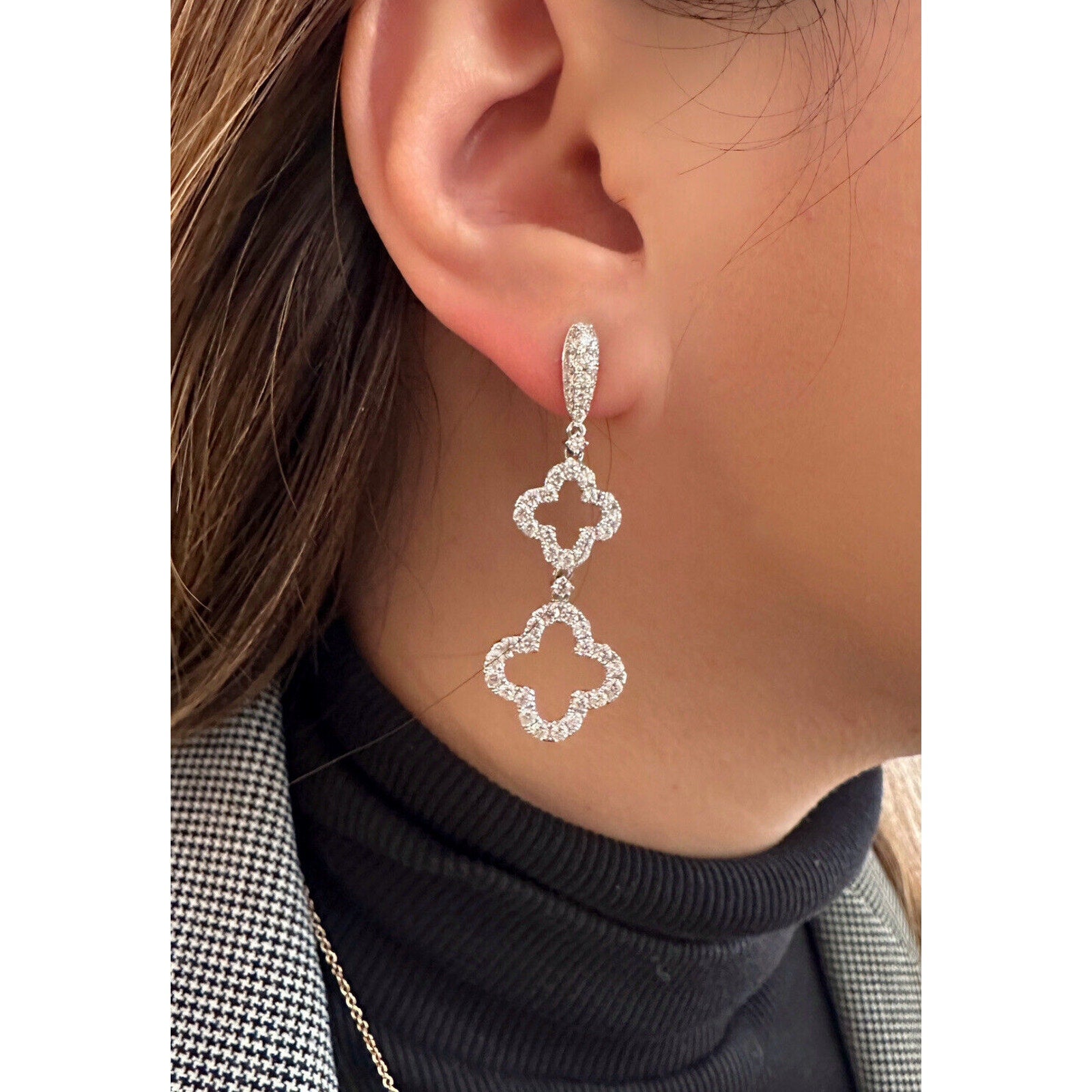 Diamond Clover Drop Earrings 3.44 Cttw in 18k White Gold - HM2438AE