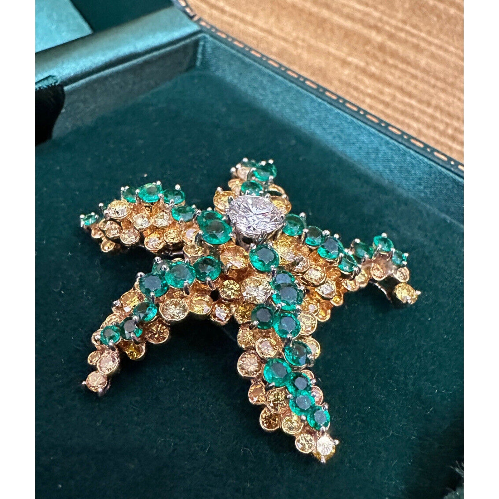 Starfish Pin w/Diamond, Emeralds and Yellow Diamonds in 18k Yellow Gold-HM2494ZN