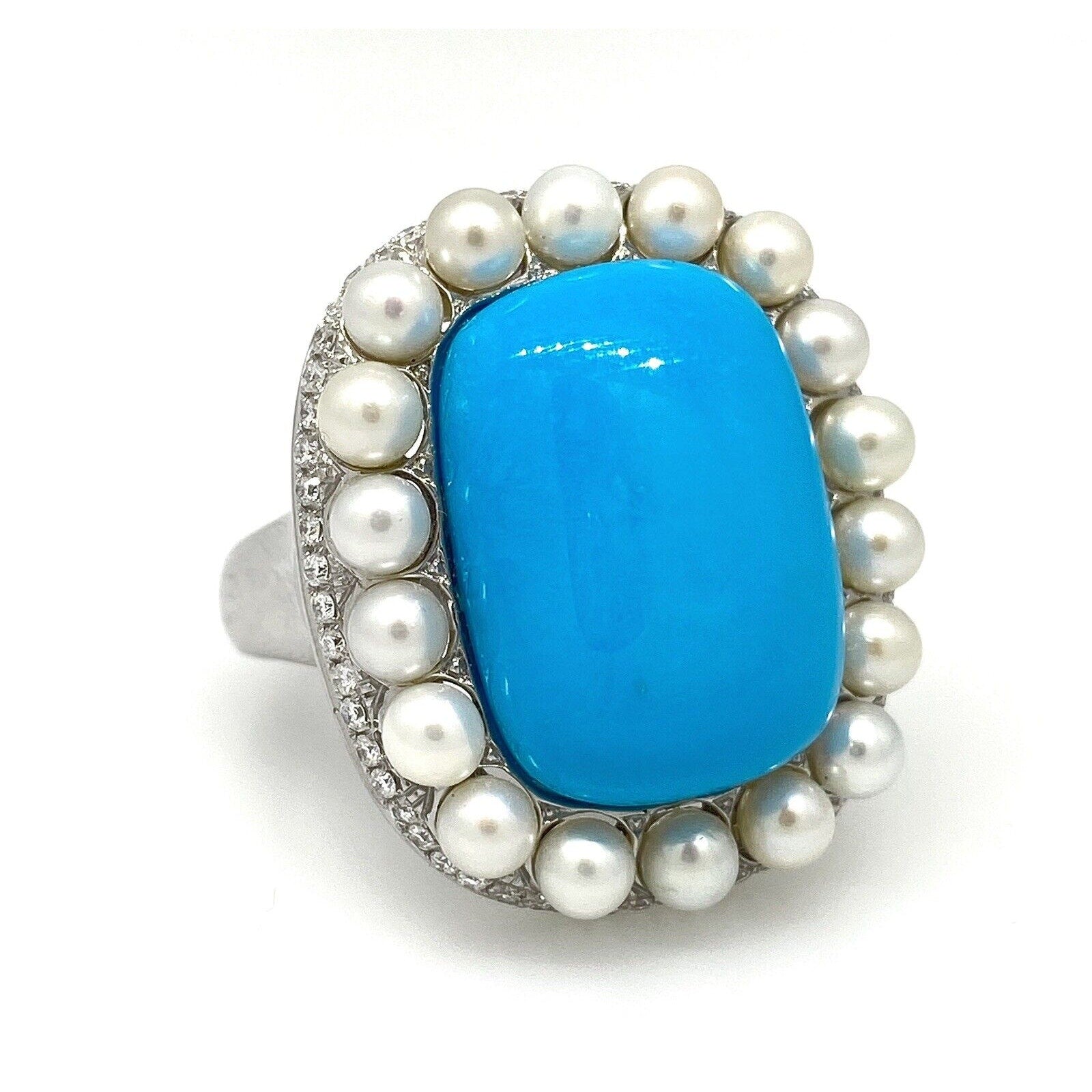 Turquoise, Pearl and Diamond Cocktail Ring in 18k White Gold