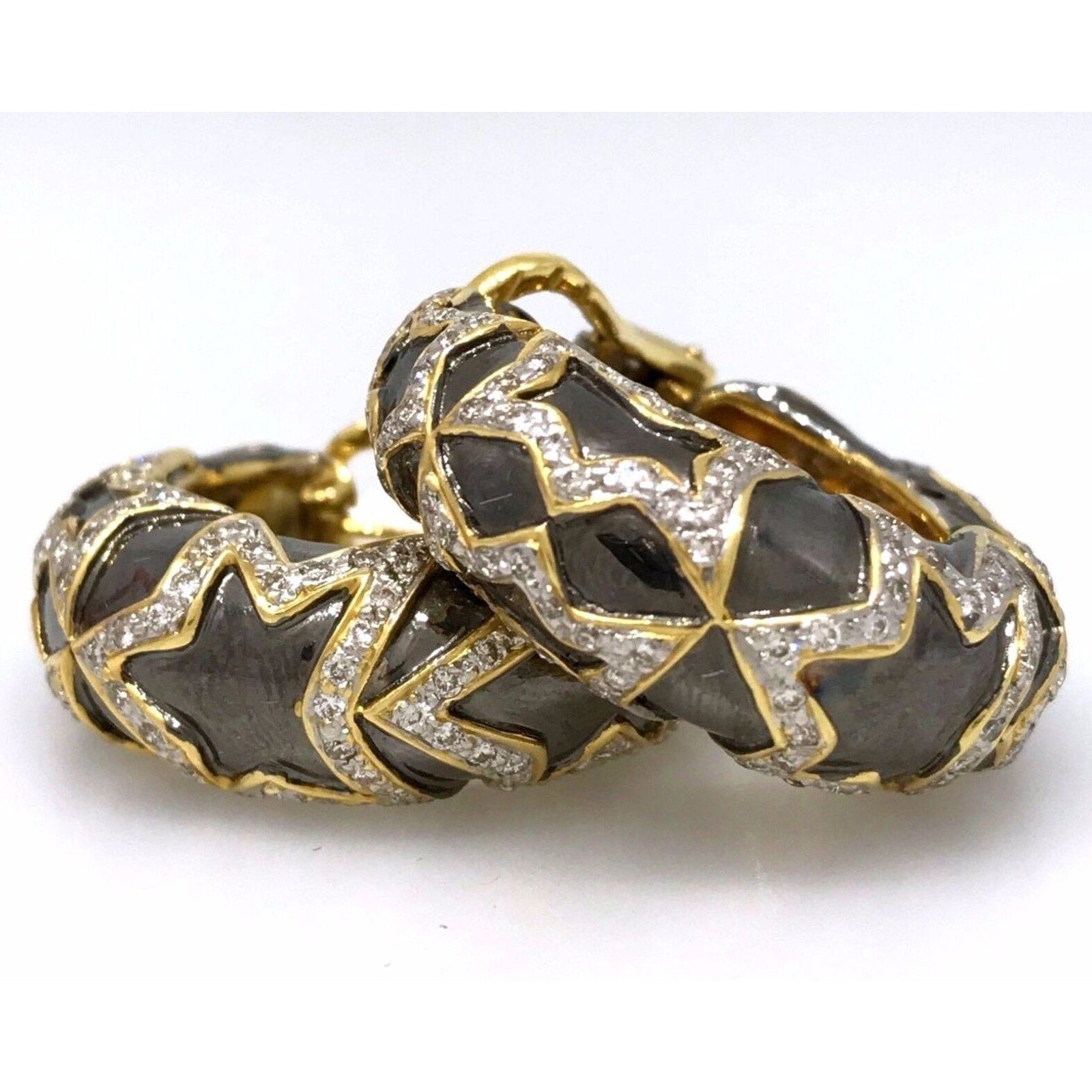 Diamond Star Hoop Earrings in 18k Yellow Gold w/Black Rhodium