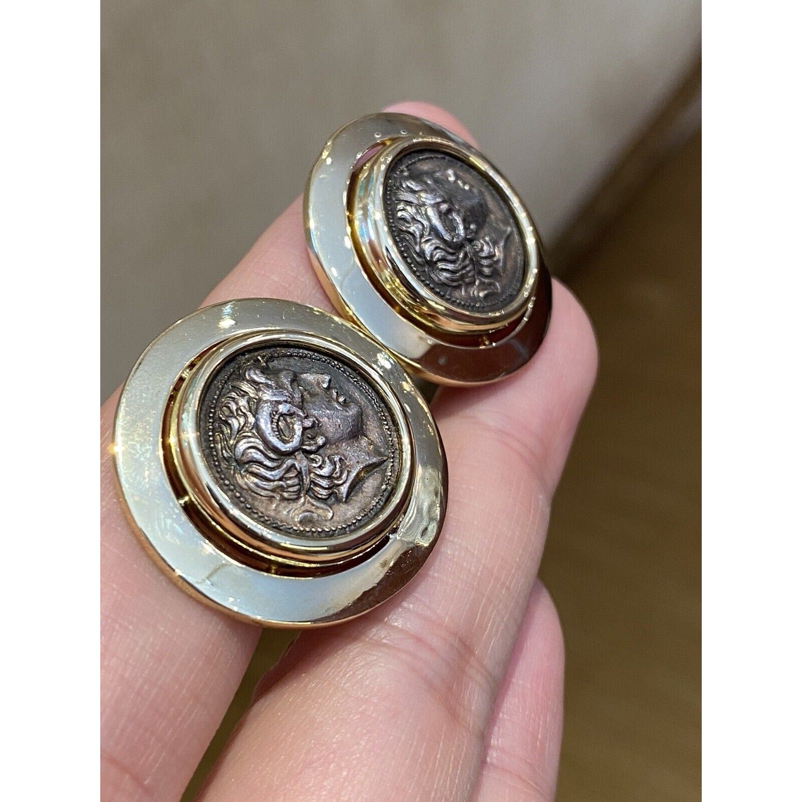 Vintage Large Ancient Coin Button Earrings in 18k Yellow Gold