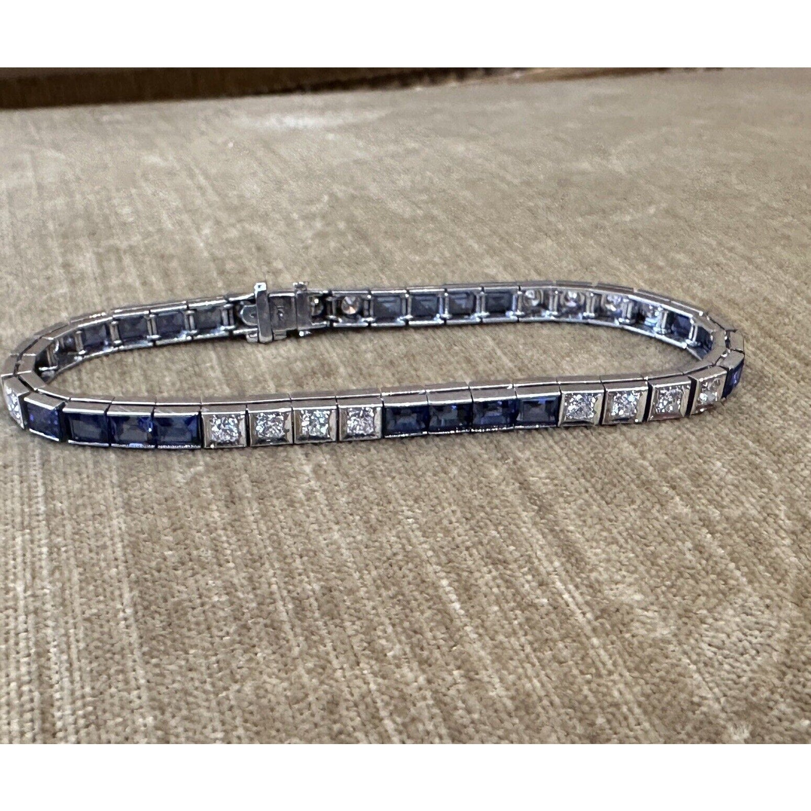 Vintage Diamond and Synthetic Sapphire Line Bracelet in 14k White Gold