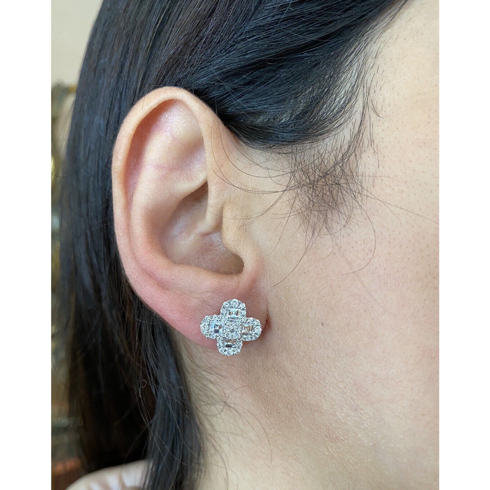 Diamond Clover Flower Earrings 2 cttw in 18k White Gold